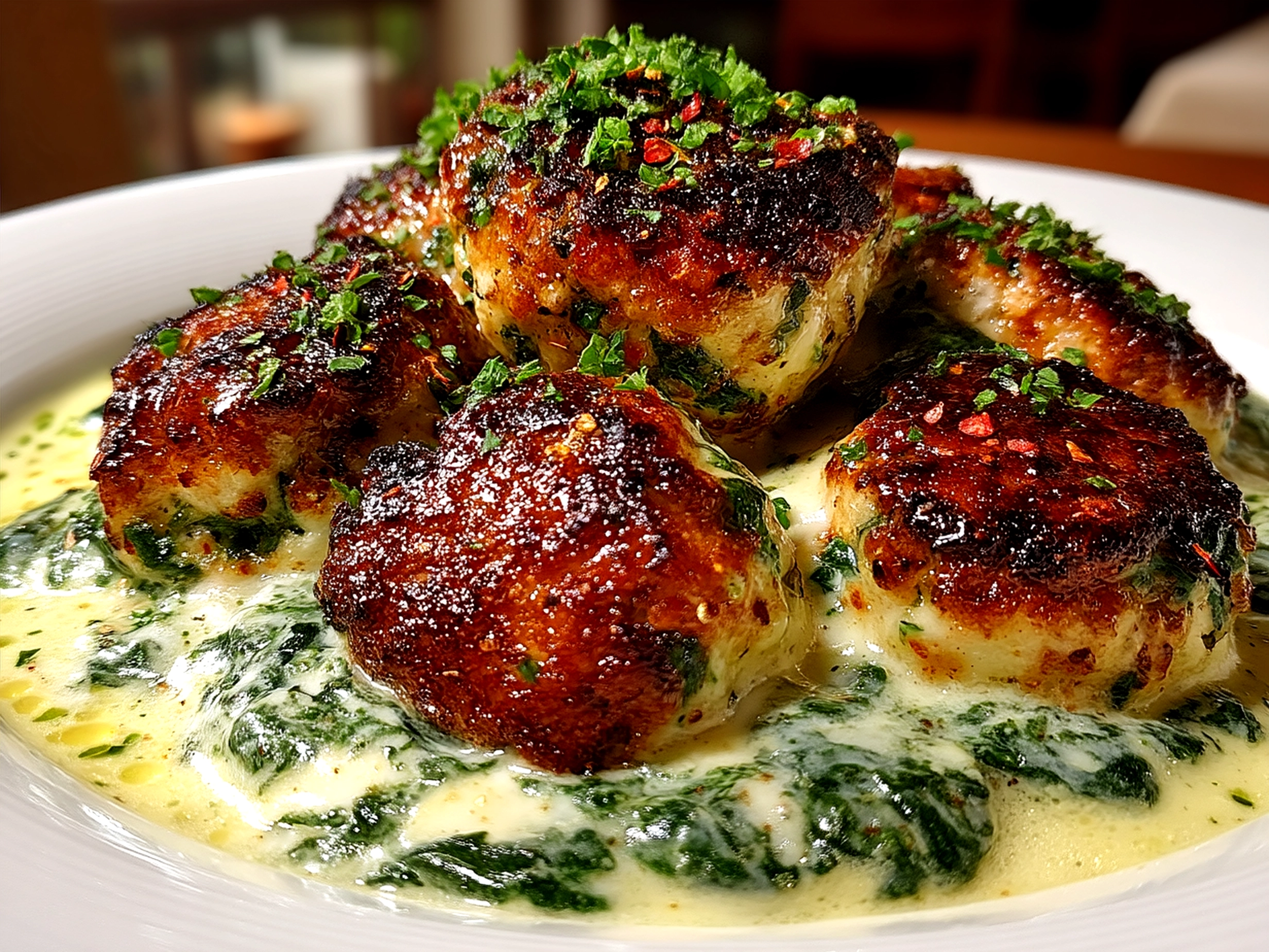 Baked Chicken Ricotta Meatballs smothered in creamy Spinach Alfredo Sauce served with sides