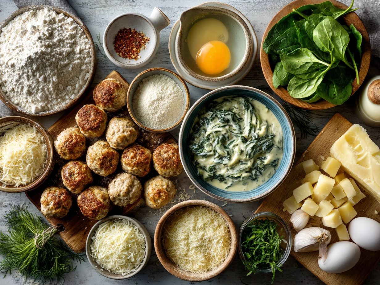 Ingredients for Baked Chicken Ricotta Meatballs smothered in creamy Spinach Alfredo Sauce