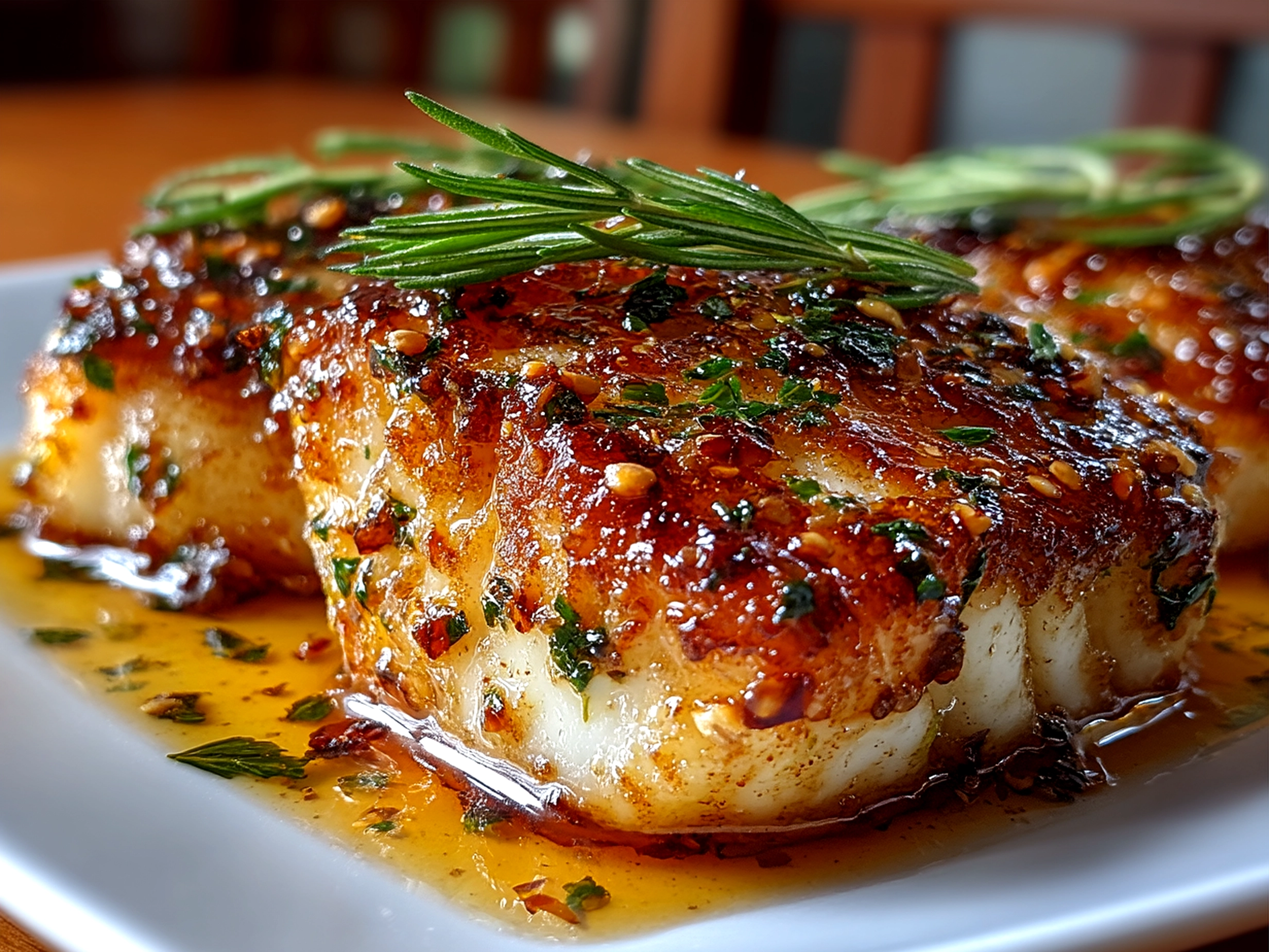 Served Baked Honey Marinade Cod with roasted vegetables and rice on a plate