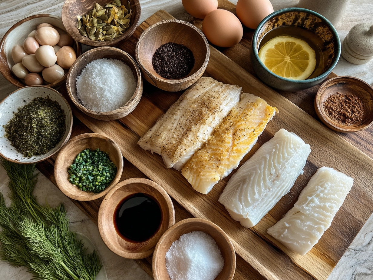 Ingredients for Baked Honey Marinade Cod laid out on a kitchen counter