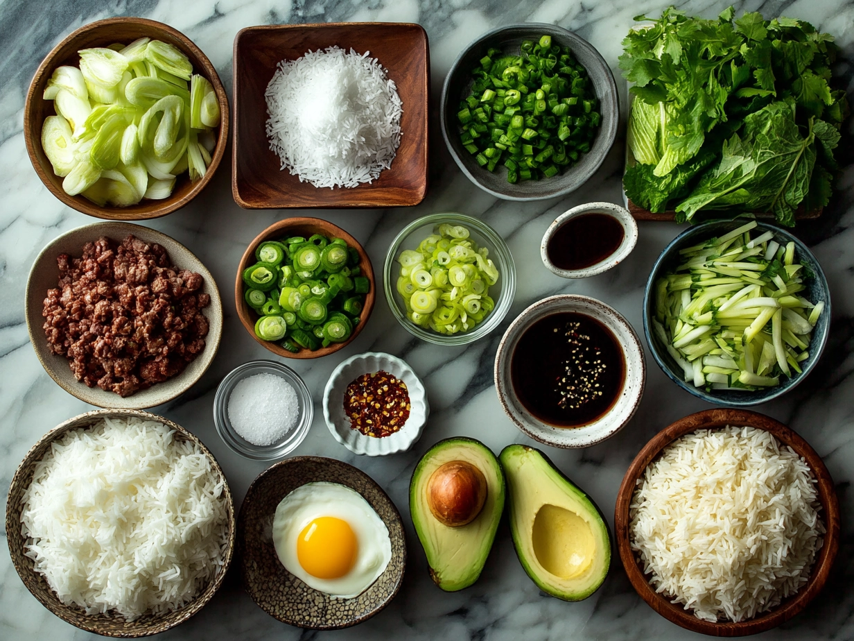 Ingredients for Bang Bang Fried Rice arranged on a counter