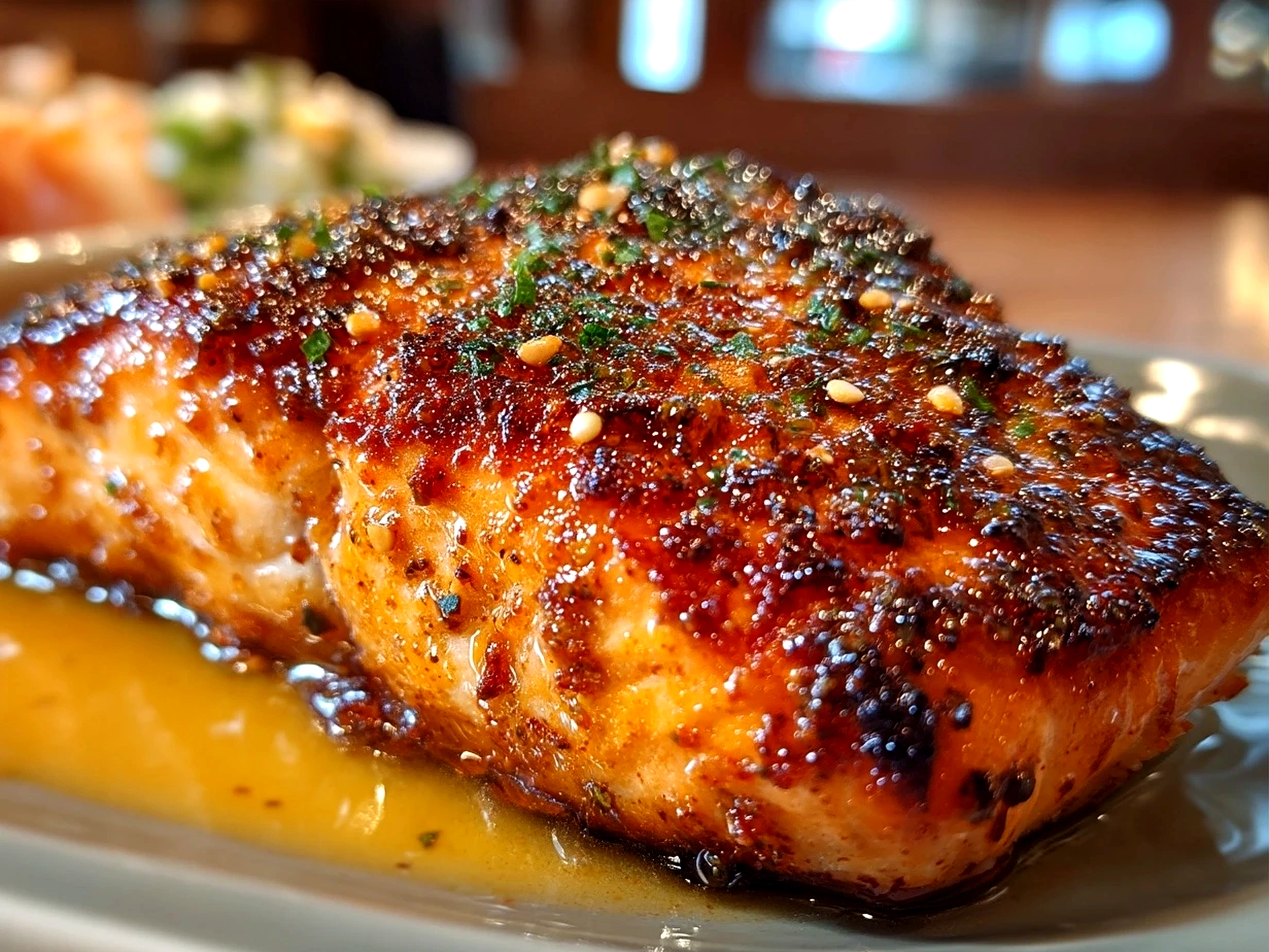 Served Bang Bang Salmon garnished with green onions and sesame seeds alongside side dishes