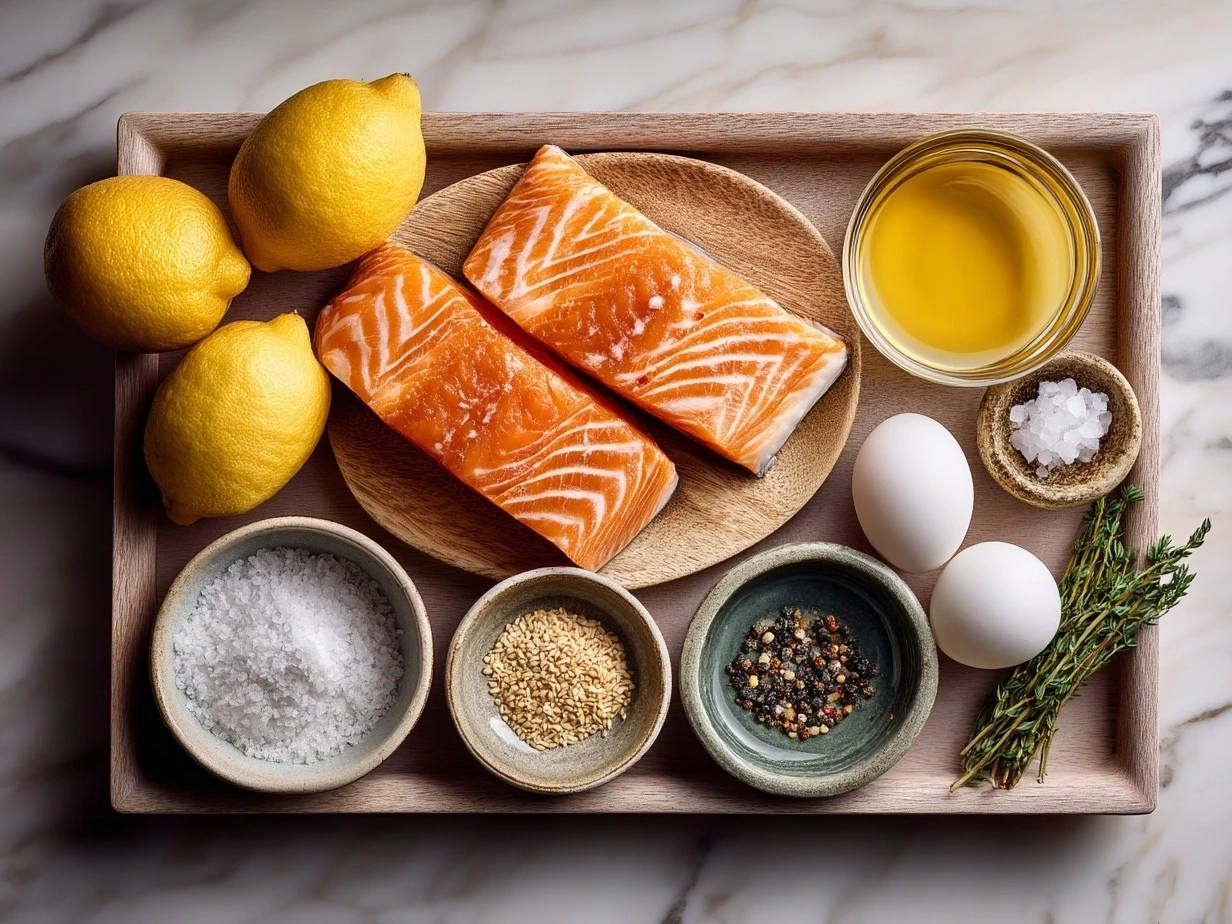 Ingredients for Bang Bang Salmon including salmon fillets, mayonnaise, sriracha, honey, garlic, rice vinegar, sesame oil, cornstarch, green onions, and sesame seeds