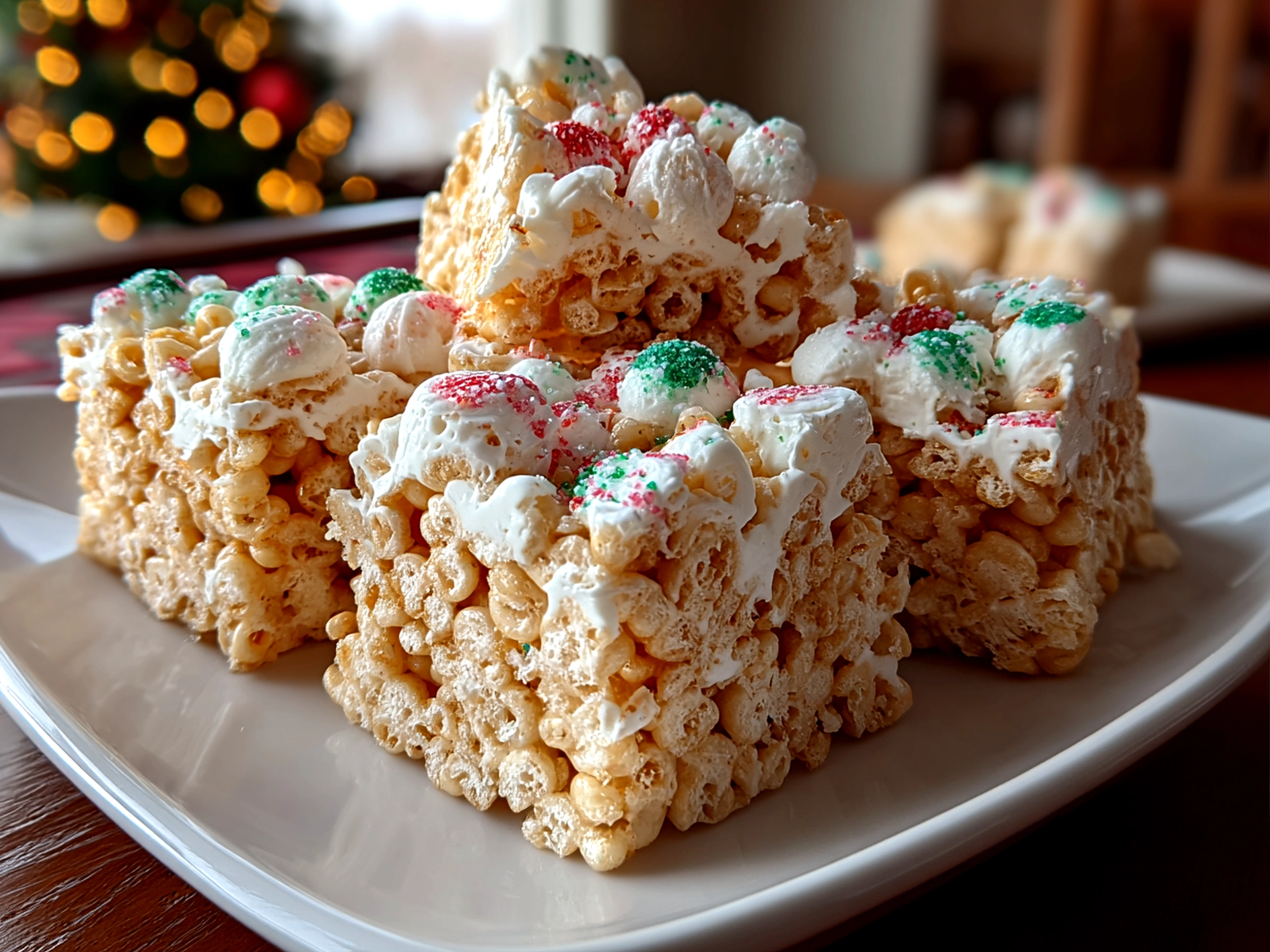 Beautiful Christmas Rice Crispy Treats on white plate