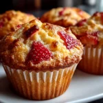 Beautiful fresh strawberry muffins on white plate