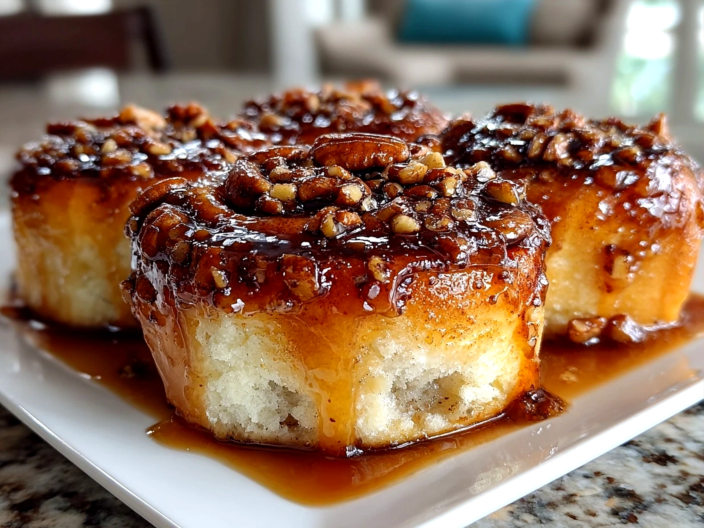 Beautiful Maple Pecan Sticky Buns on white plate