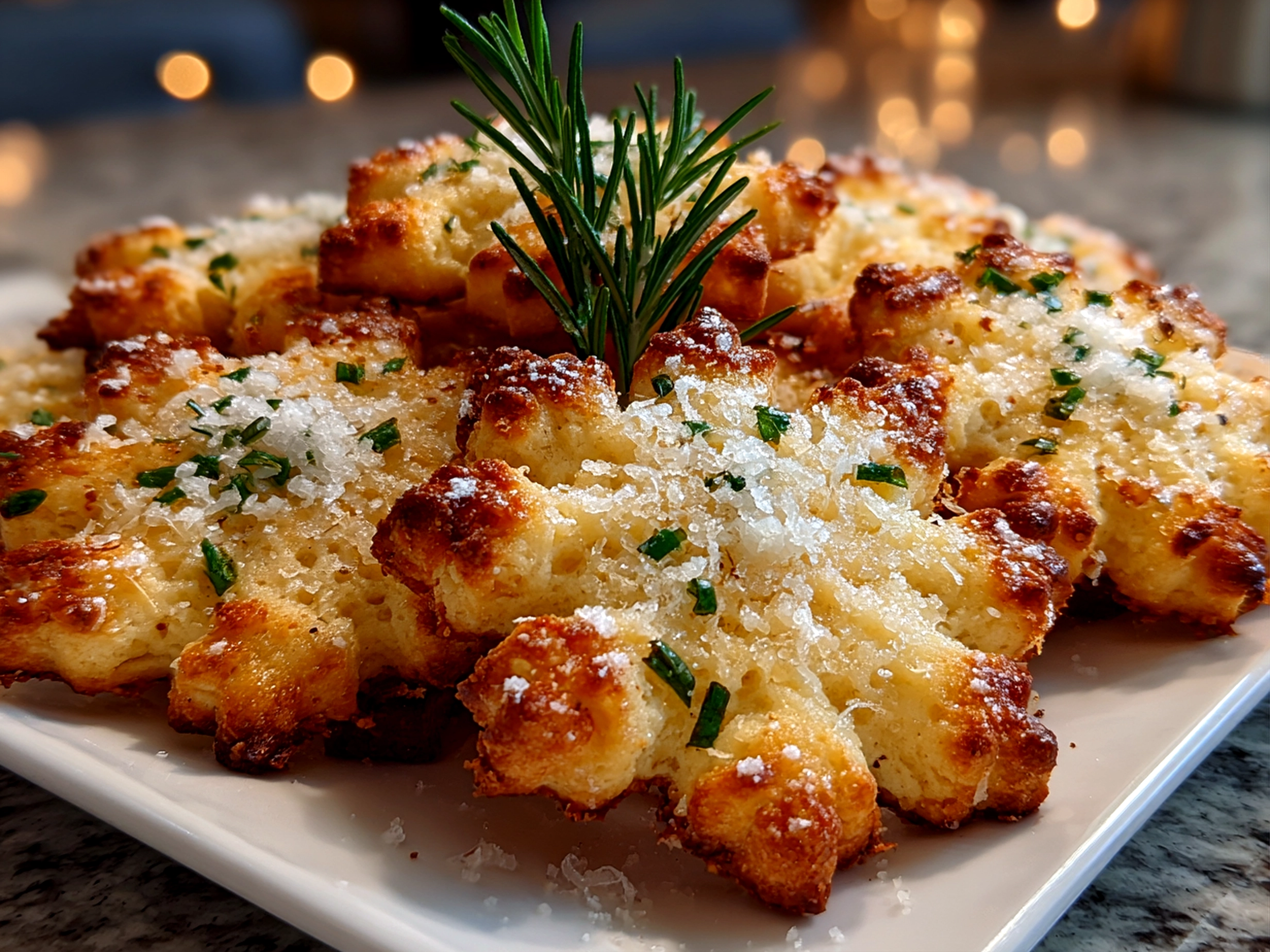 Beautiful Rosemary Parmesan Snowflake Cookies on white plate
