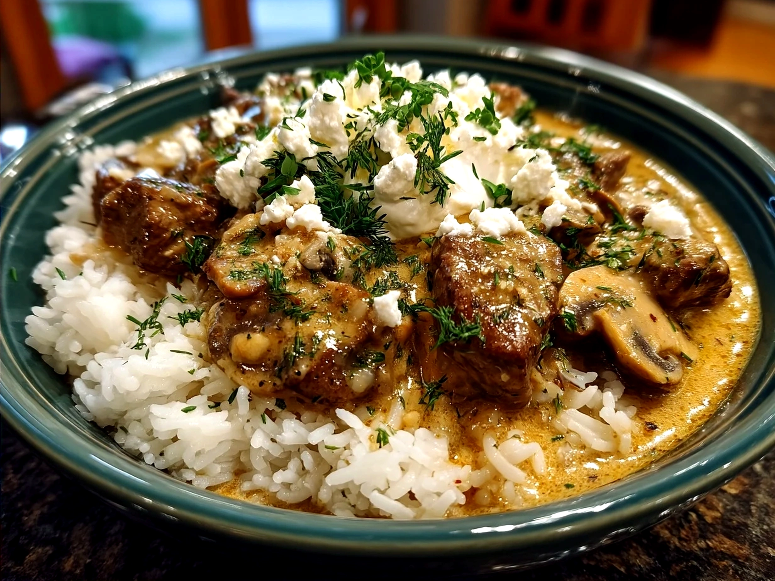 Served Beef Stroganoff With Sour Cream over buttered egg noodles