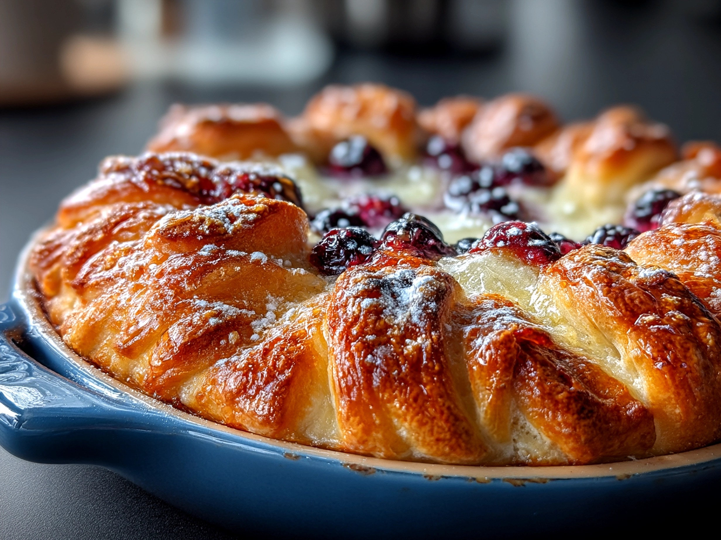 Finished Berry Croissant Bake sliced and ready to serve
