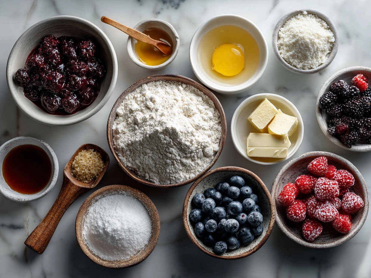 Ingredients laid out for Berry Croissant Bake including croissants, berries, eggs, and spices