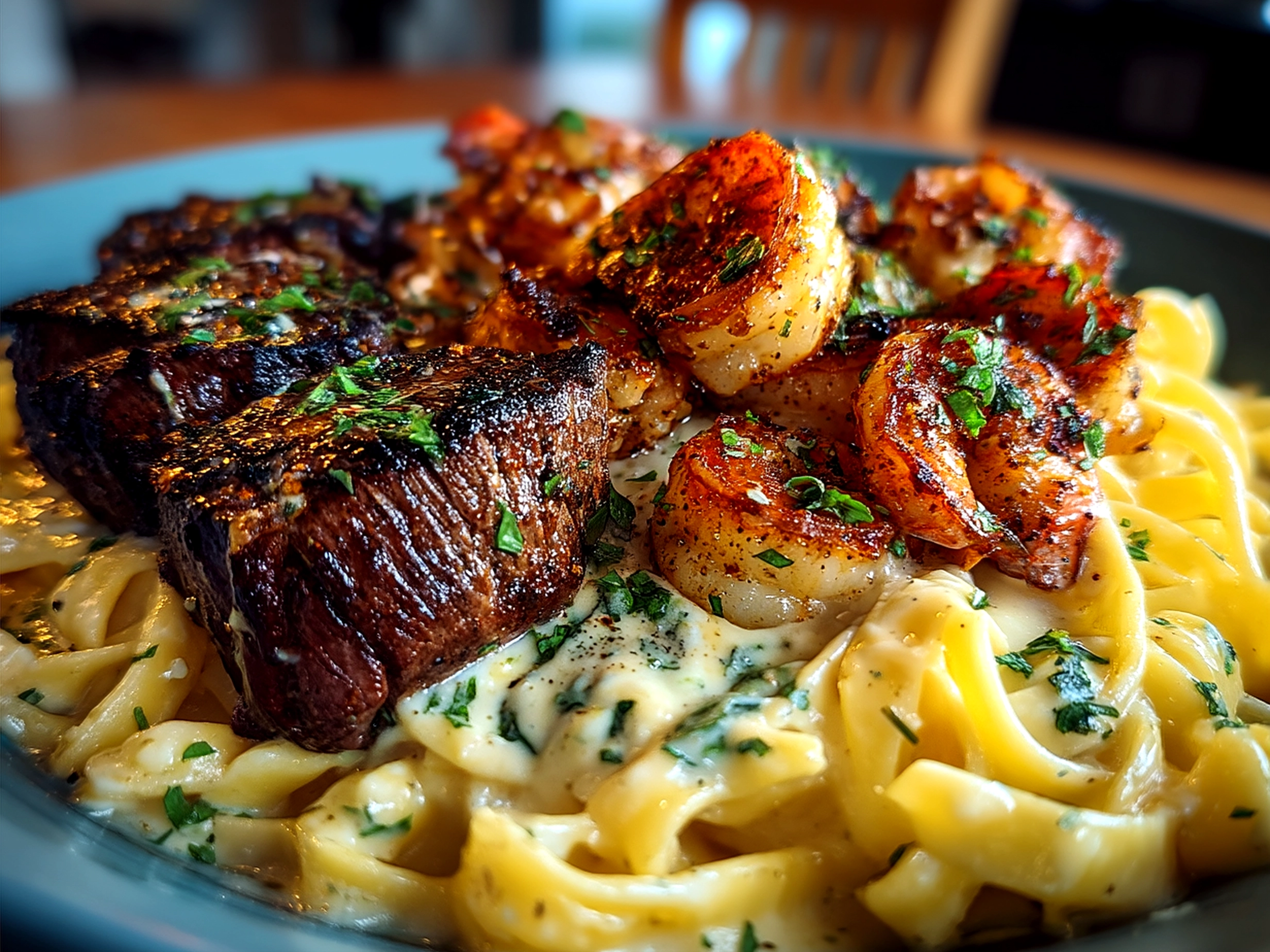 Serving of Blackened Steak Shrimp Alfredo plated with garnish