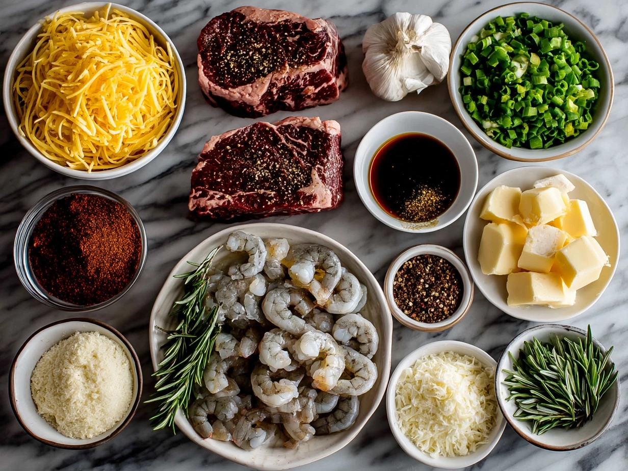 Ingredients for Blackened Steak Shrimp Alfredo including steak, shrimp, cream, cheese, pasta, and seasoning