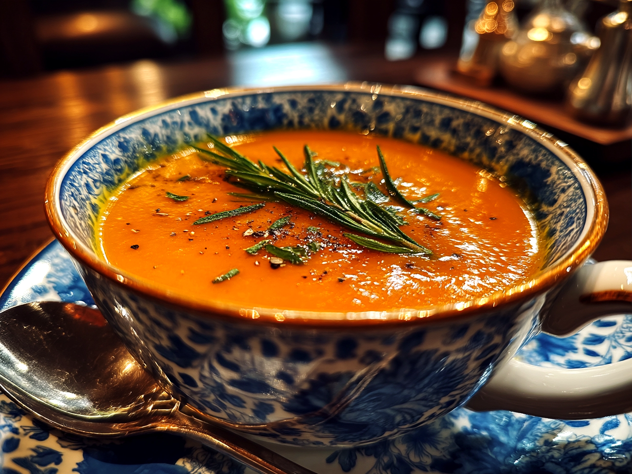 Bowl of creamy butternut squash soup garnished and ready to serve