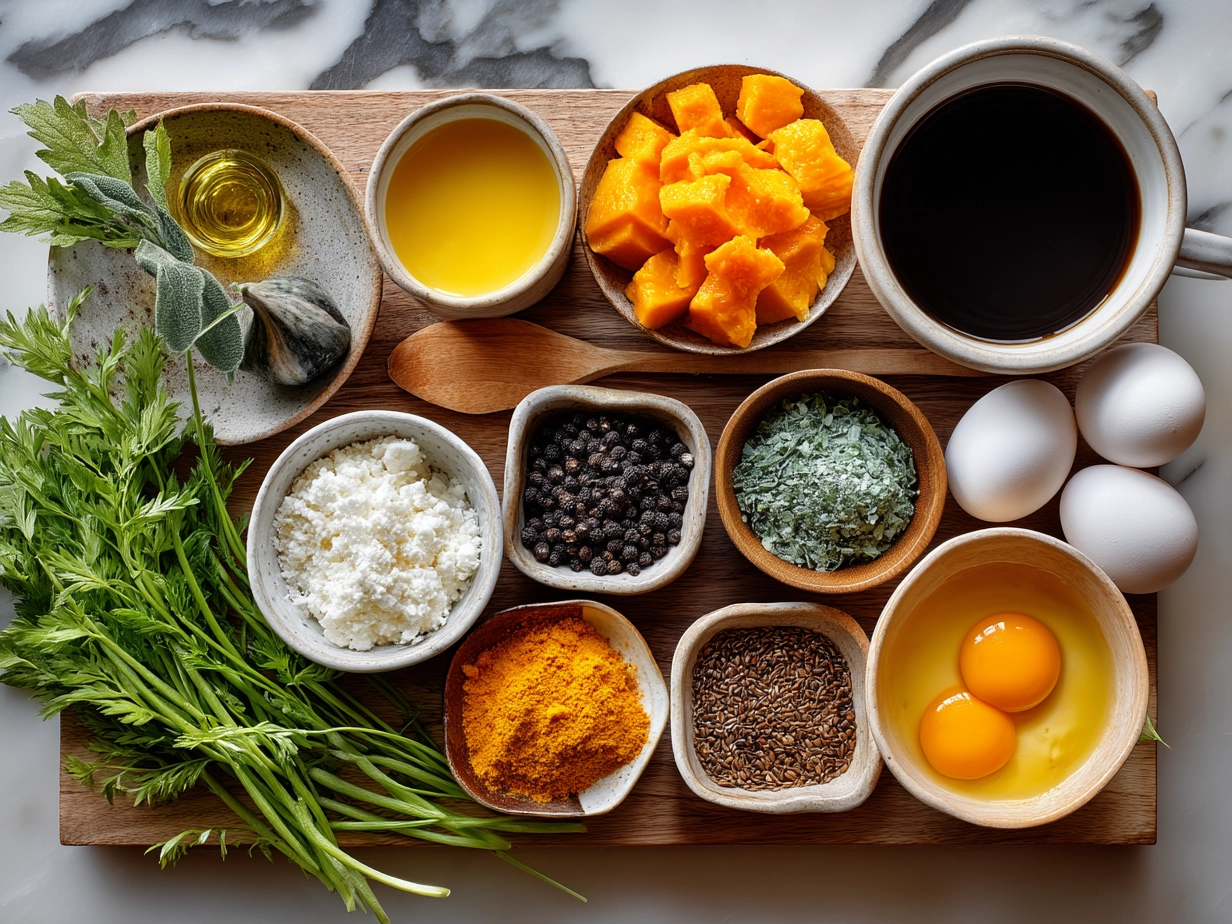 Ingredients for Butternut Squash Soup including fresh squash, onion, garlic, broth, coconut milk, and spices