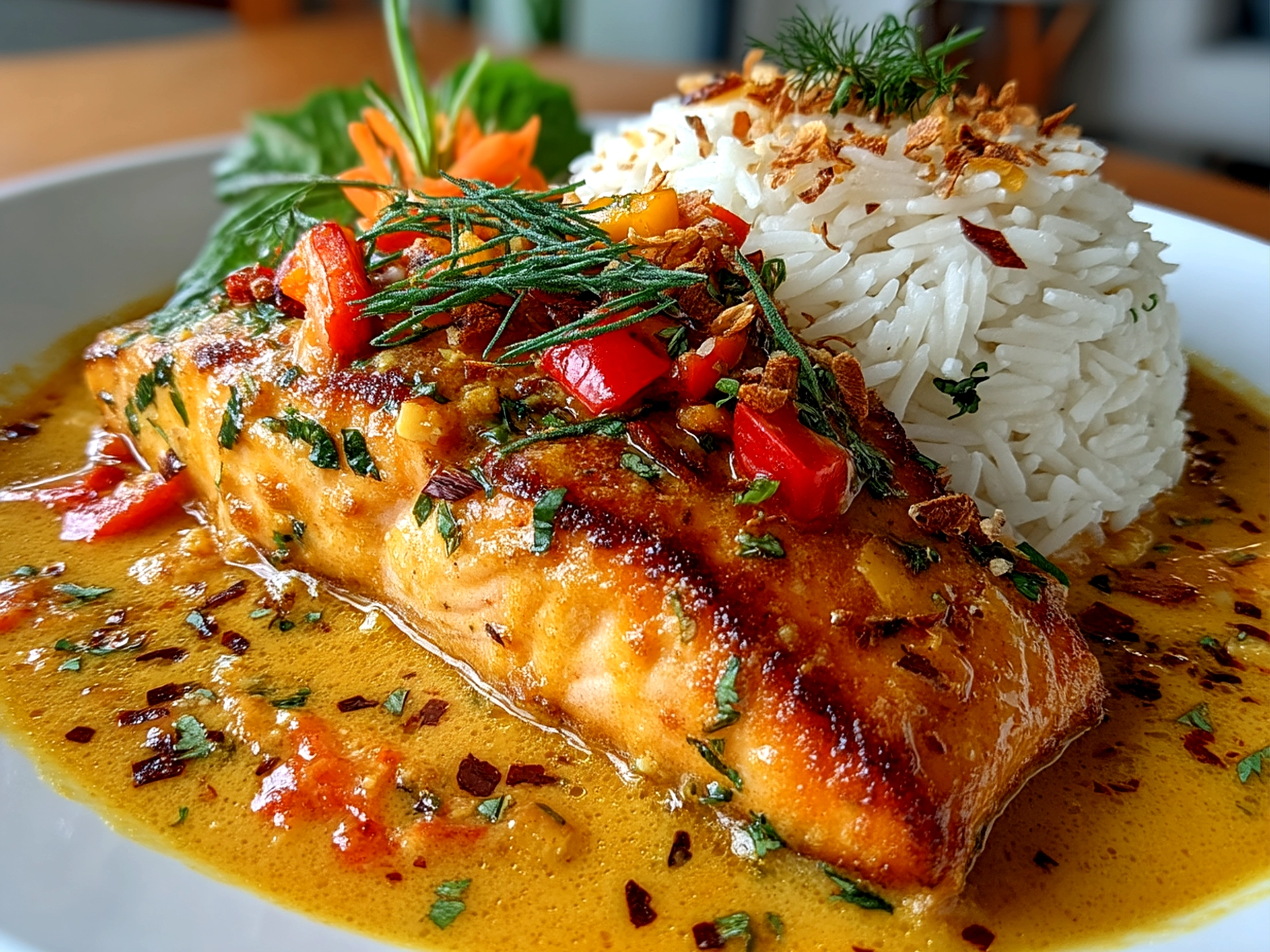 Caribbean-Style Coconut Curry Salmon plated with jasmine rice and fresh garnish