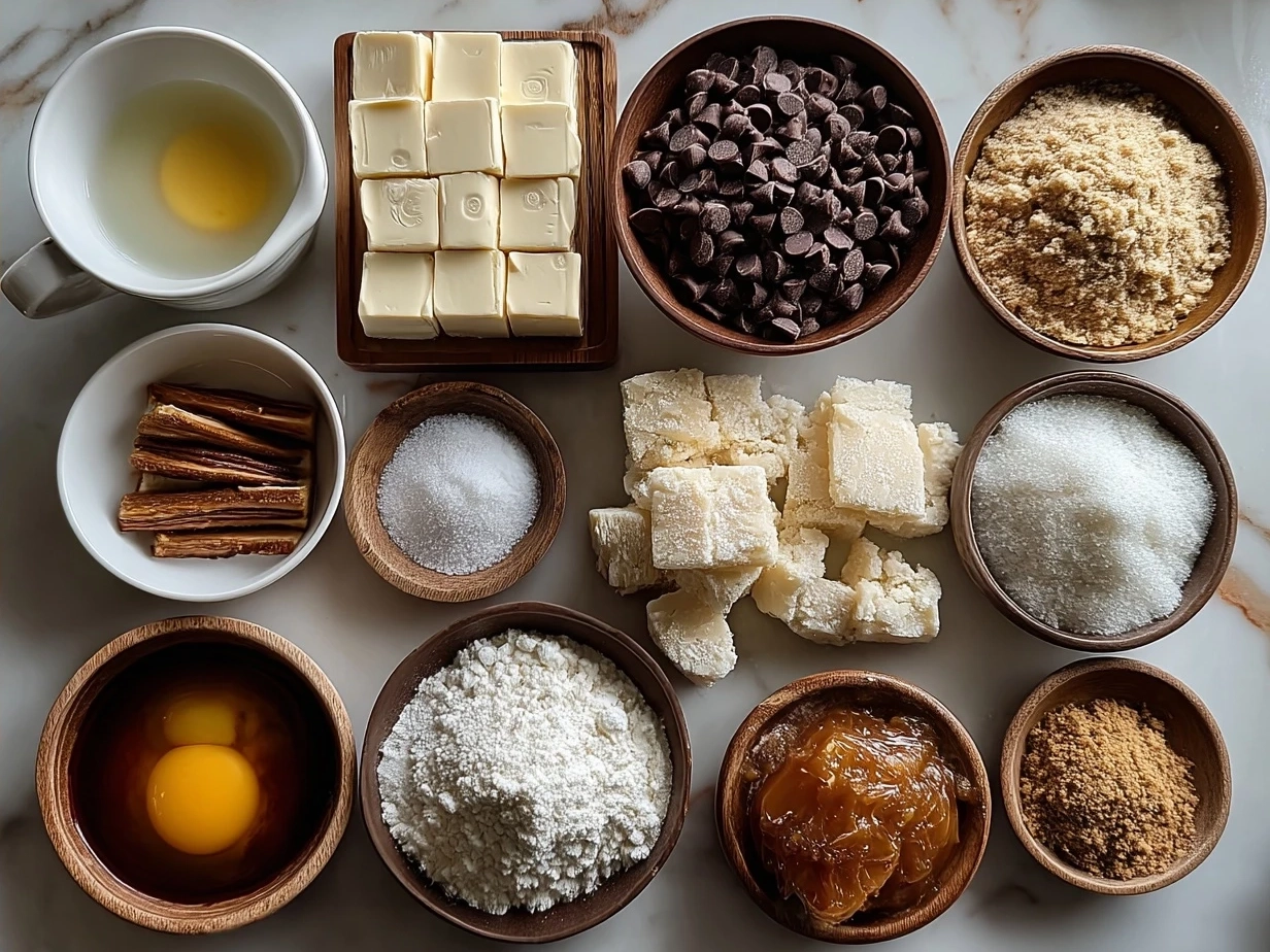 Ingredients for Chocolate Chip and Toffee Shortbread Cookies