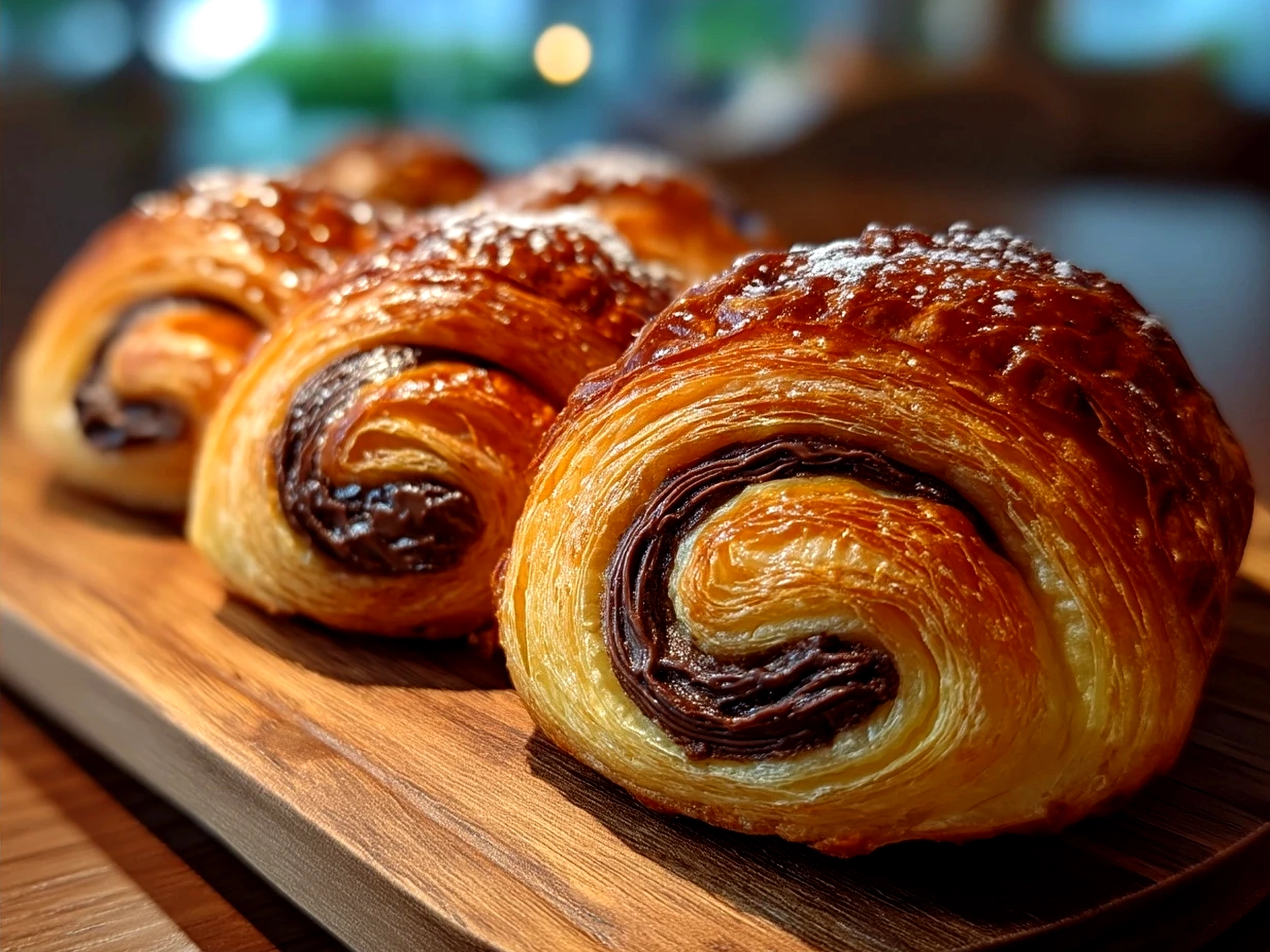 Finished Chocolate Puff Pastry served on a plate with fresh fruit