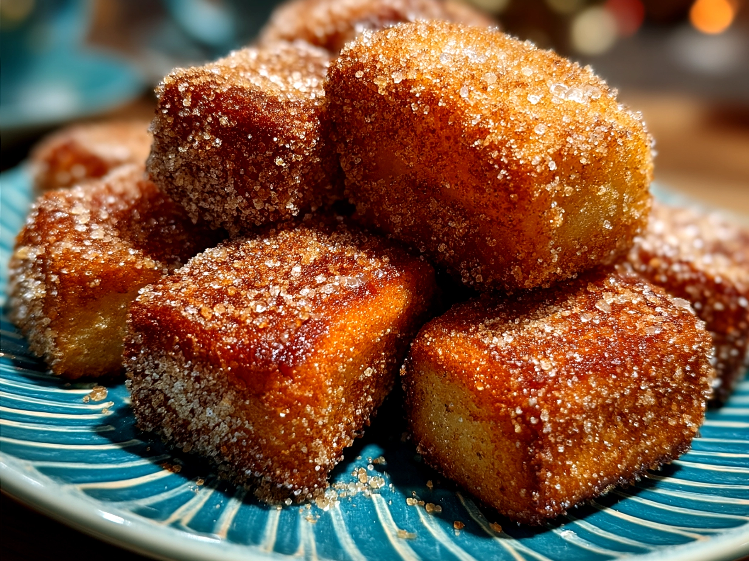 Plated Cinnamon Sugar Sourdough Churro Bites served with dipping sauce and fresh fruit
