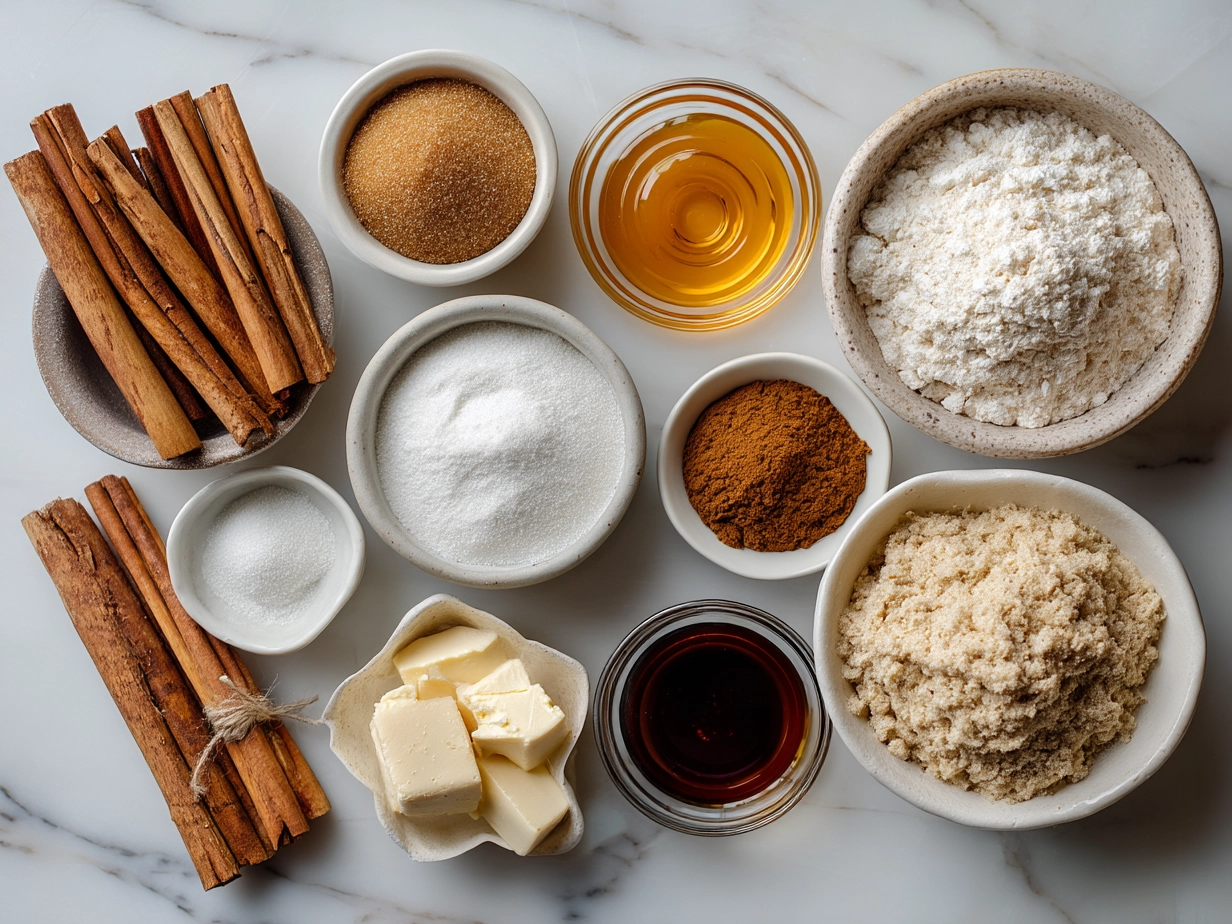 Ingredients for Cinnamon Sugar Sourdough Churro Bites including flour, sourdough starter discard, sugar, butter, cinnamon, and oil
