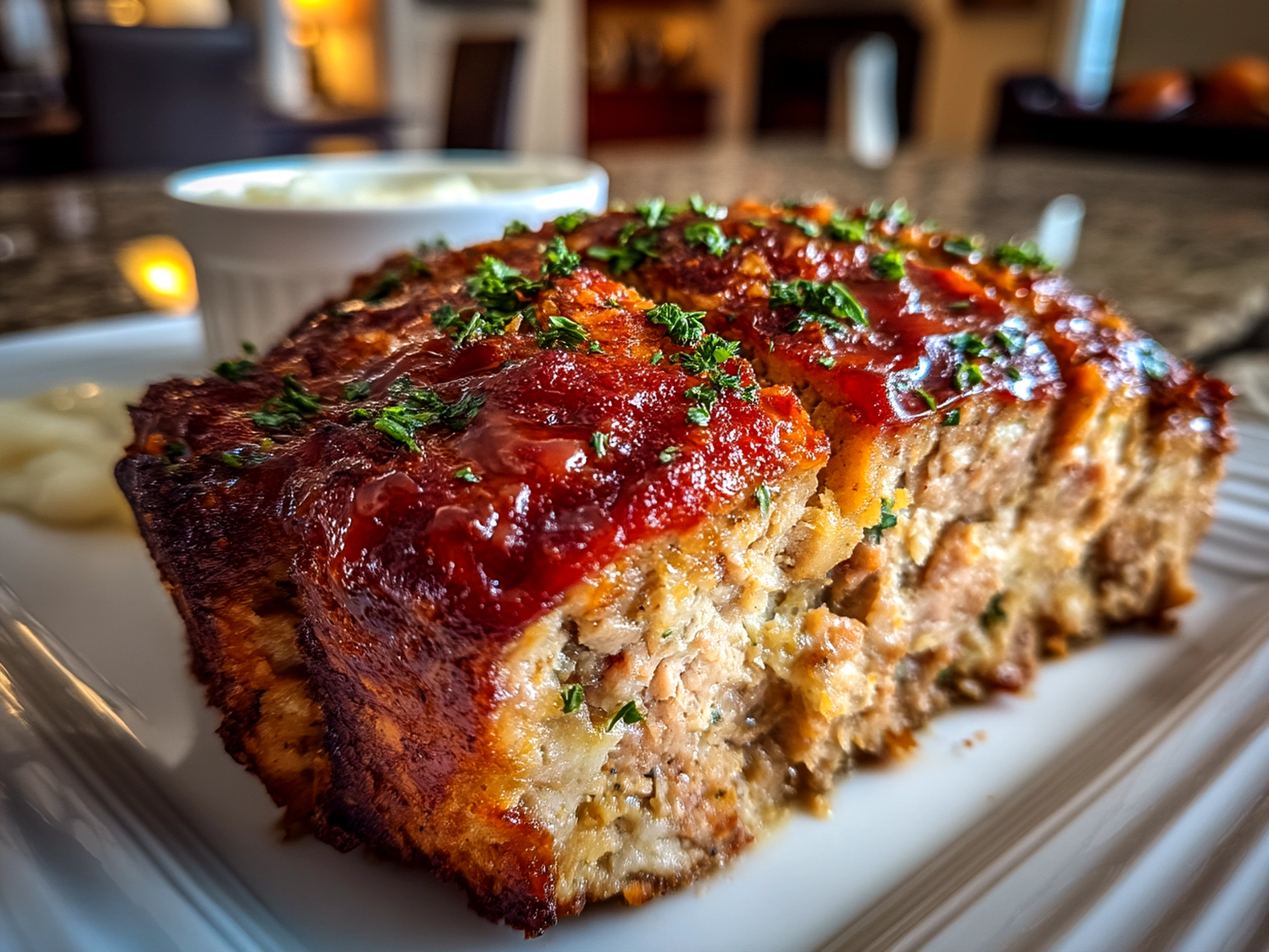 Beautifully plated Classic Meatloaf with mashed potatoes and green beans