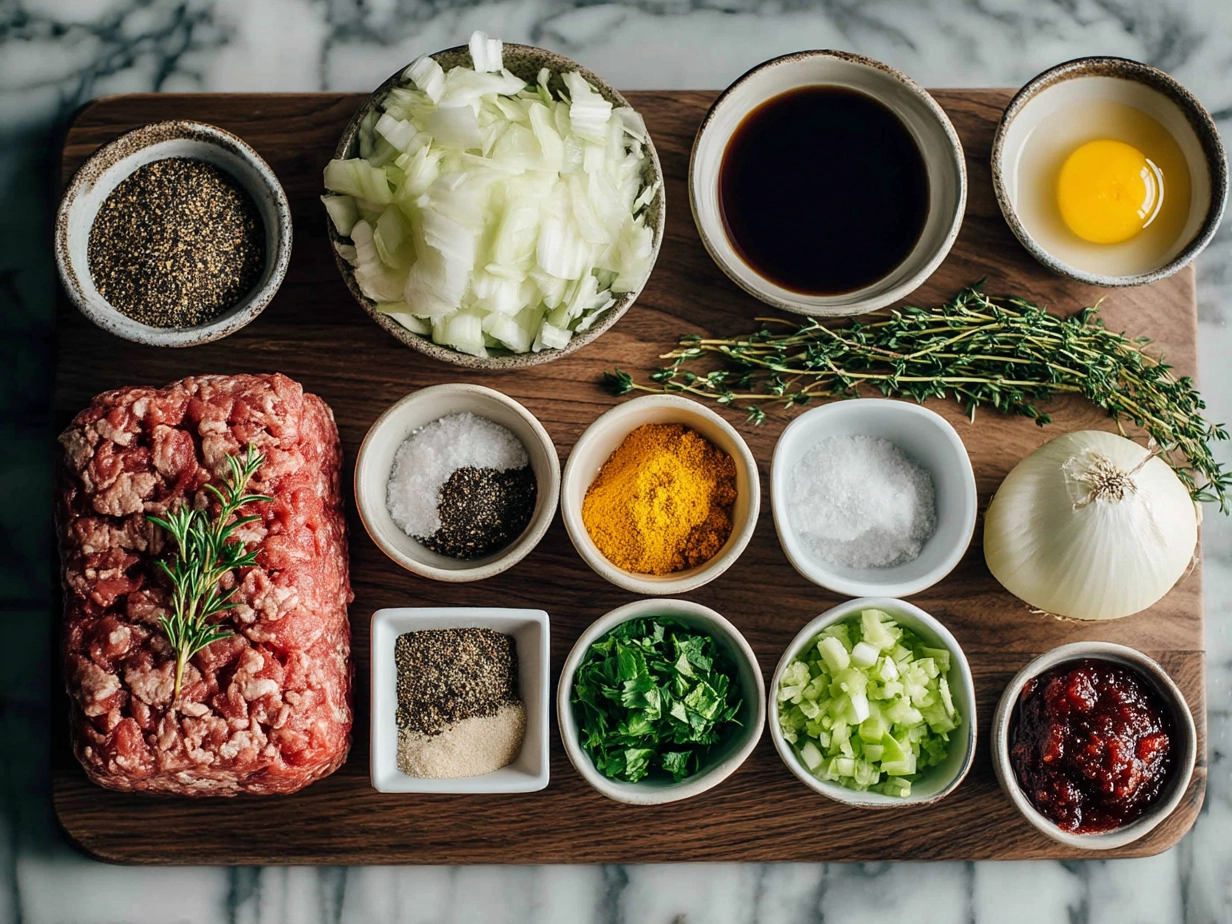 Ingredients for Classic Meatloaf including ground beef, breadcrumbs, milk, onion, garlic, ketchup and spices