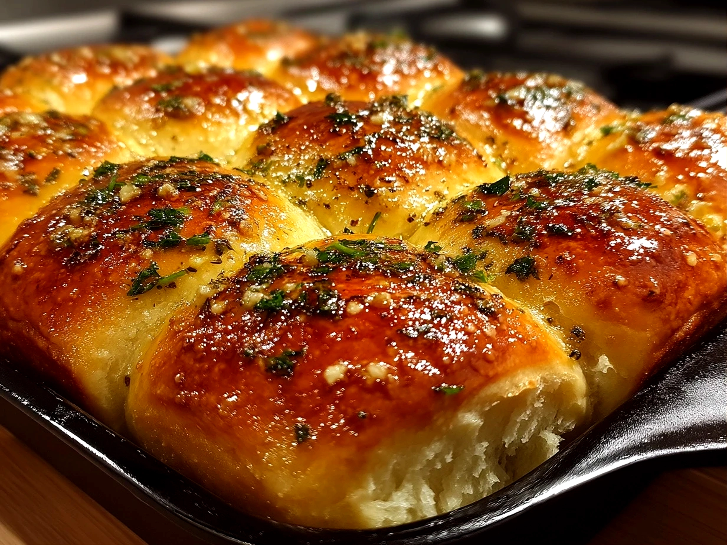 Close-up of finished garlic butter dinner rolls on a baking tray