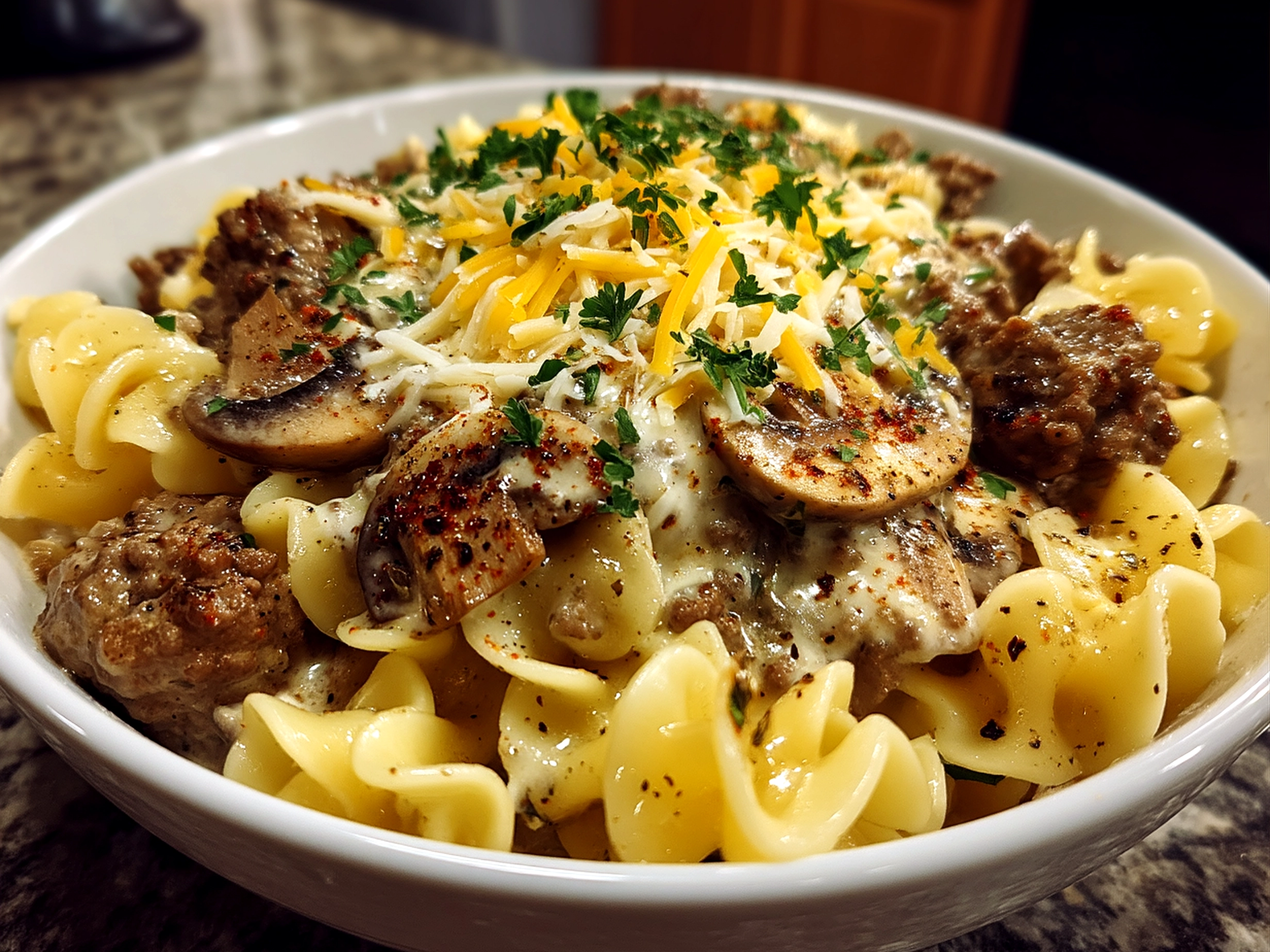 Close up of finished ground beef stroganoff served in a bowl