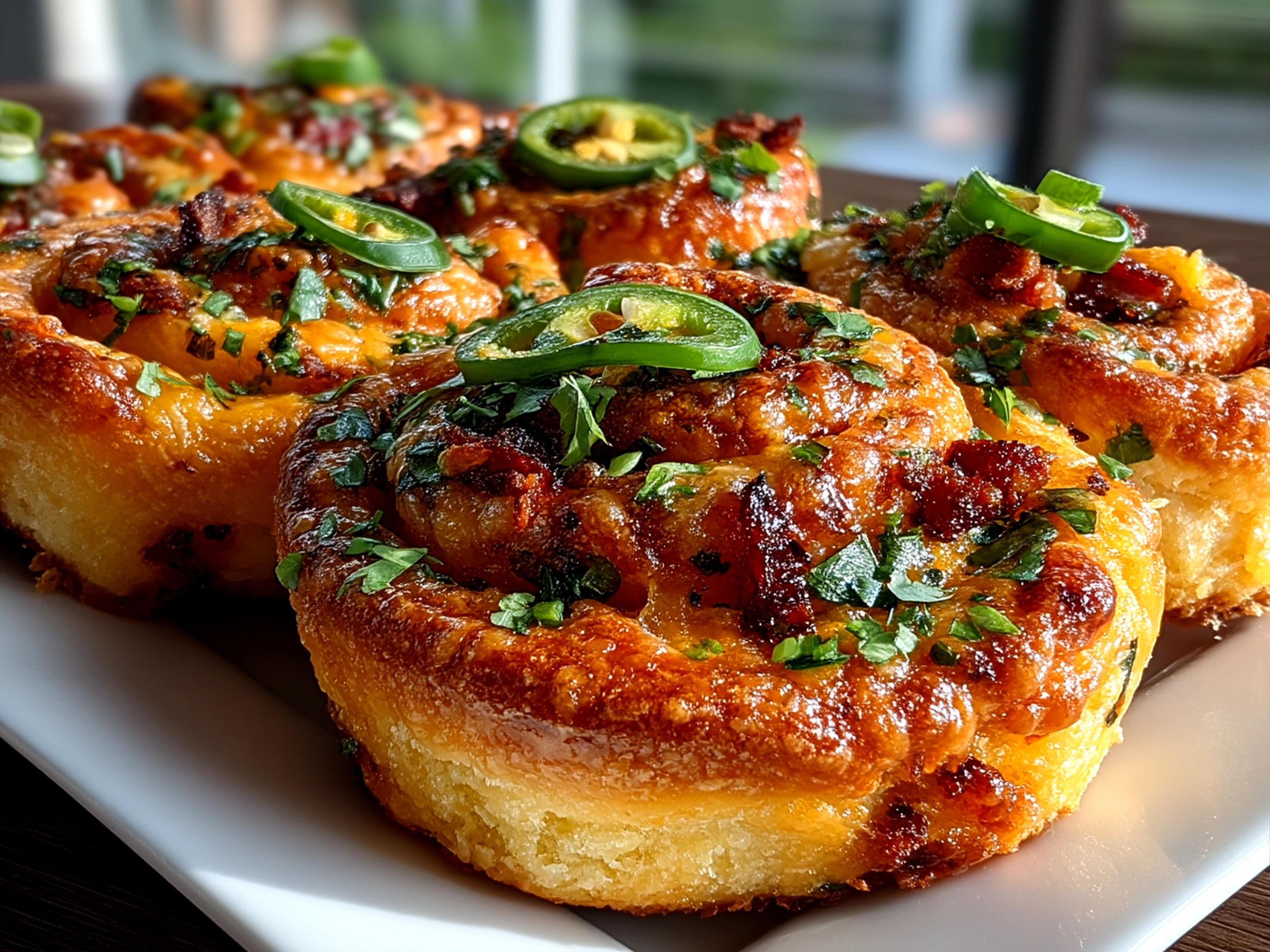 Close up finished jalapeno popper pinwheels with fresh garnish