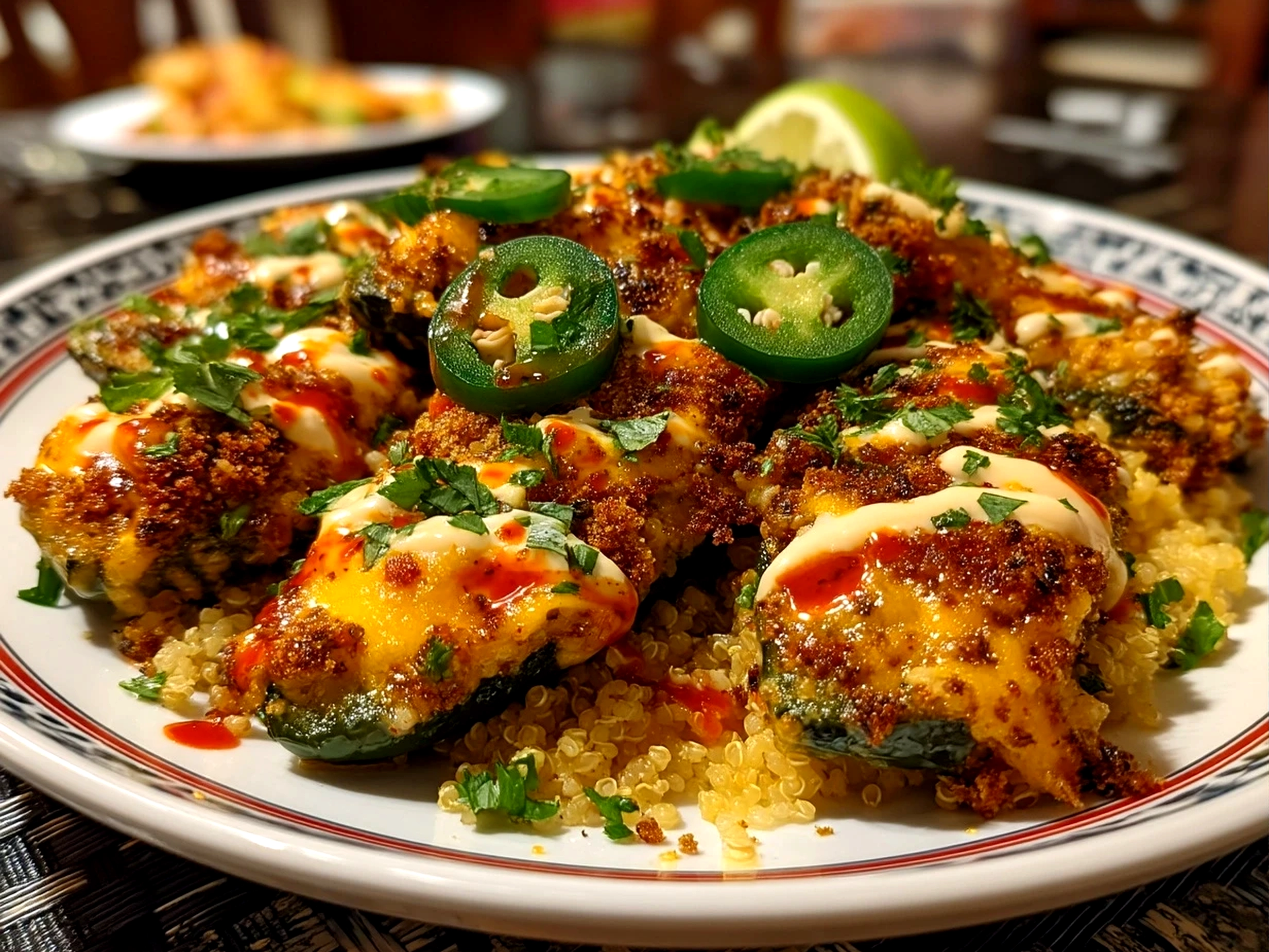 Close up finished Jalapeno Poppers Nourish Bowl with fresh ingredients