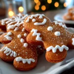 Close-up of freshly baked gingerbread men cookies on a white plate