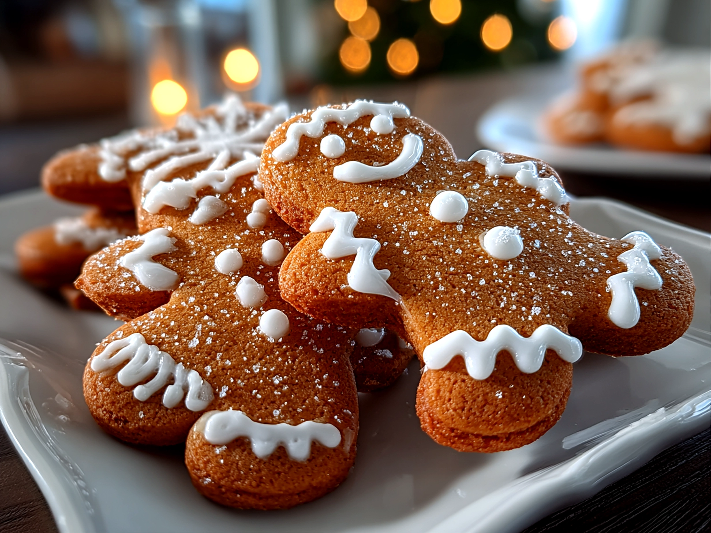 Close-up of freshly baked gingerbread men cookies on a white plate