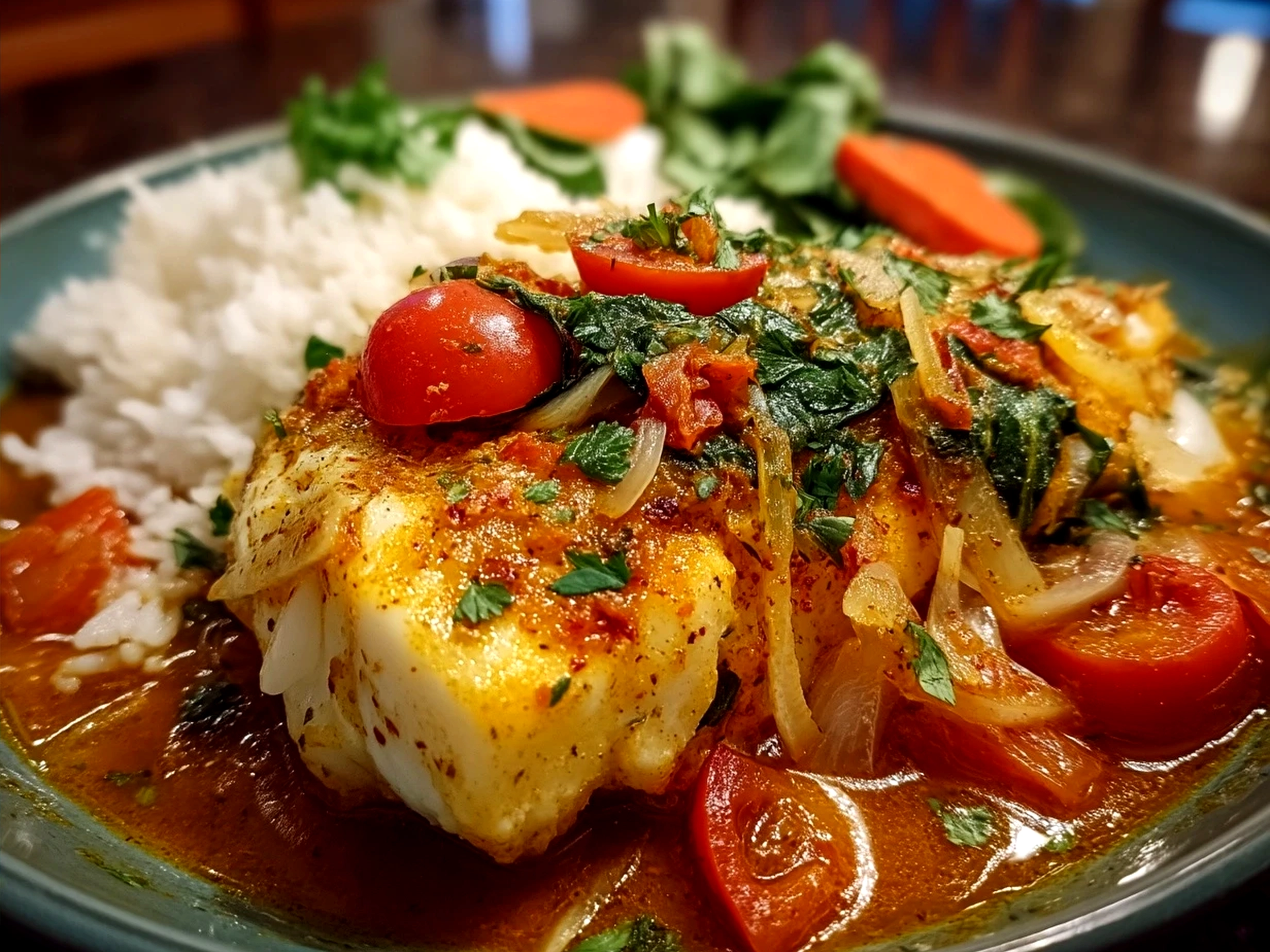 Coconut Curry Baked Cod served on a plate with steamed rice and fresh herbs