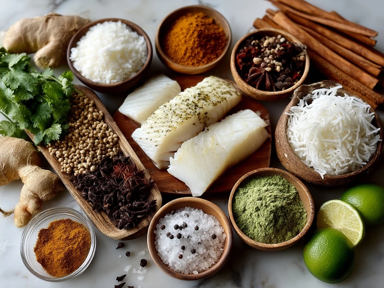 Ingredients for Coconut Curry Baked Cod arranged on a kitchen counter