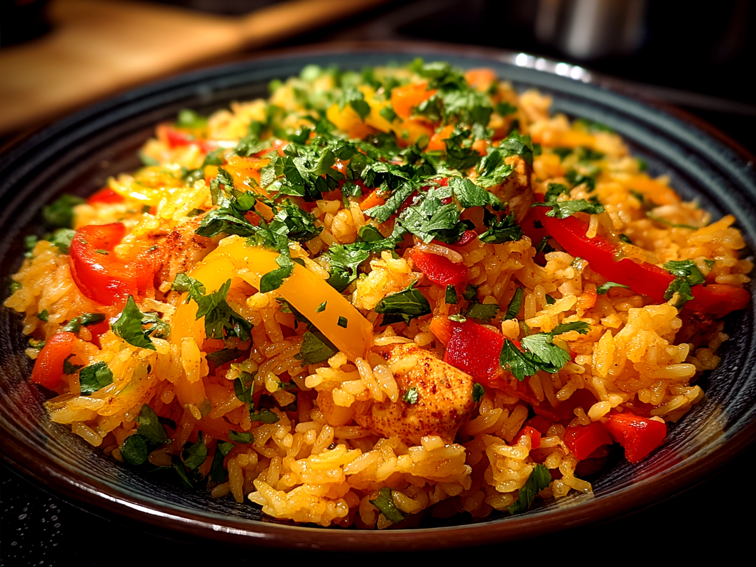 Serving of colorful Chicken Fajita Rice garnished with lime wedges and chopped cilantro