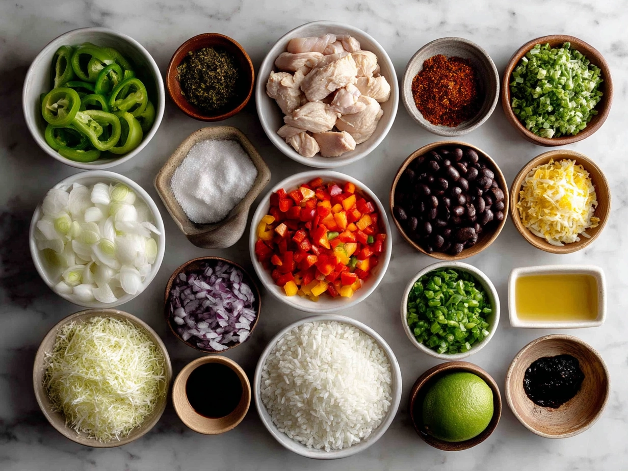 Ingredients for colorful Chicken Fajita Rice, including chicken breasts, bell peppers, rice, and spices