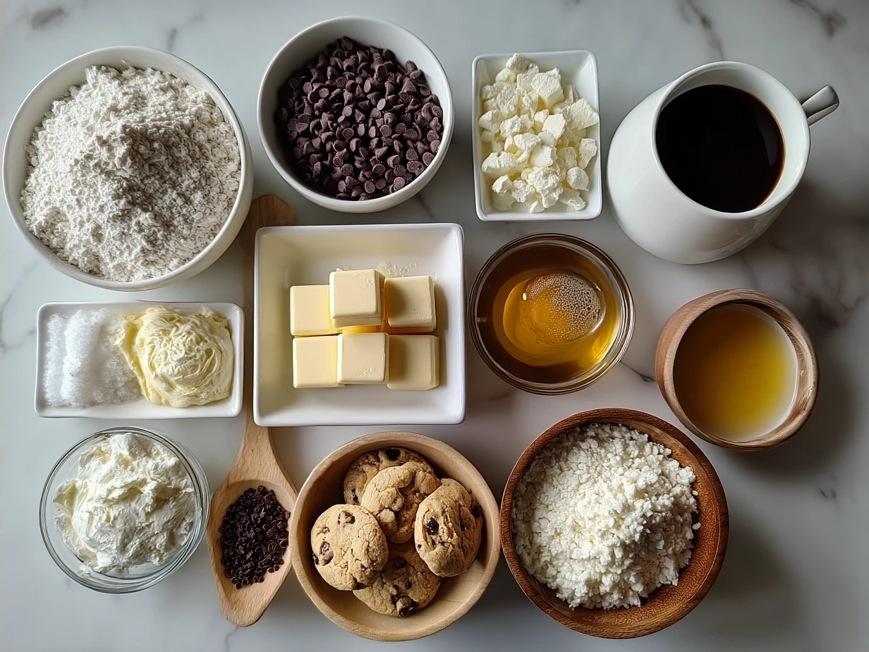 Ingredients for Cookie Dough Greek Yogurt with Chocolate Chips laid out on a kitchen counter