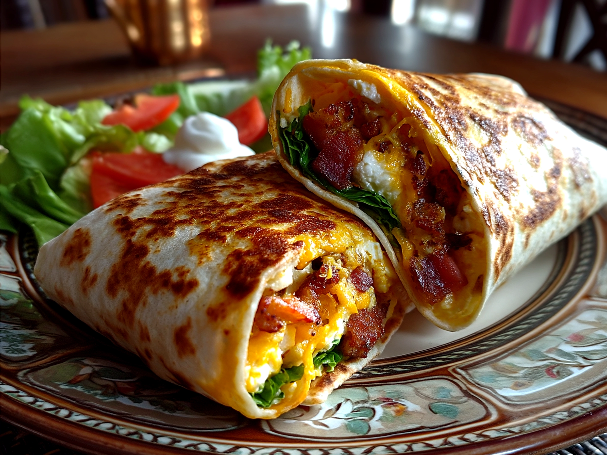 Prepared Cottage Cheese Wrap served with fresh salad on a plate