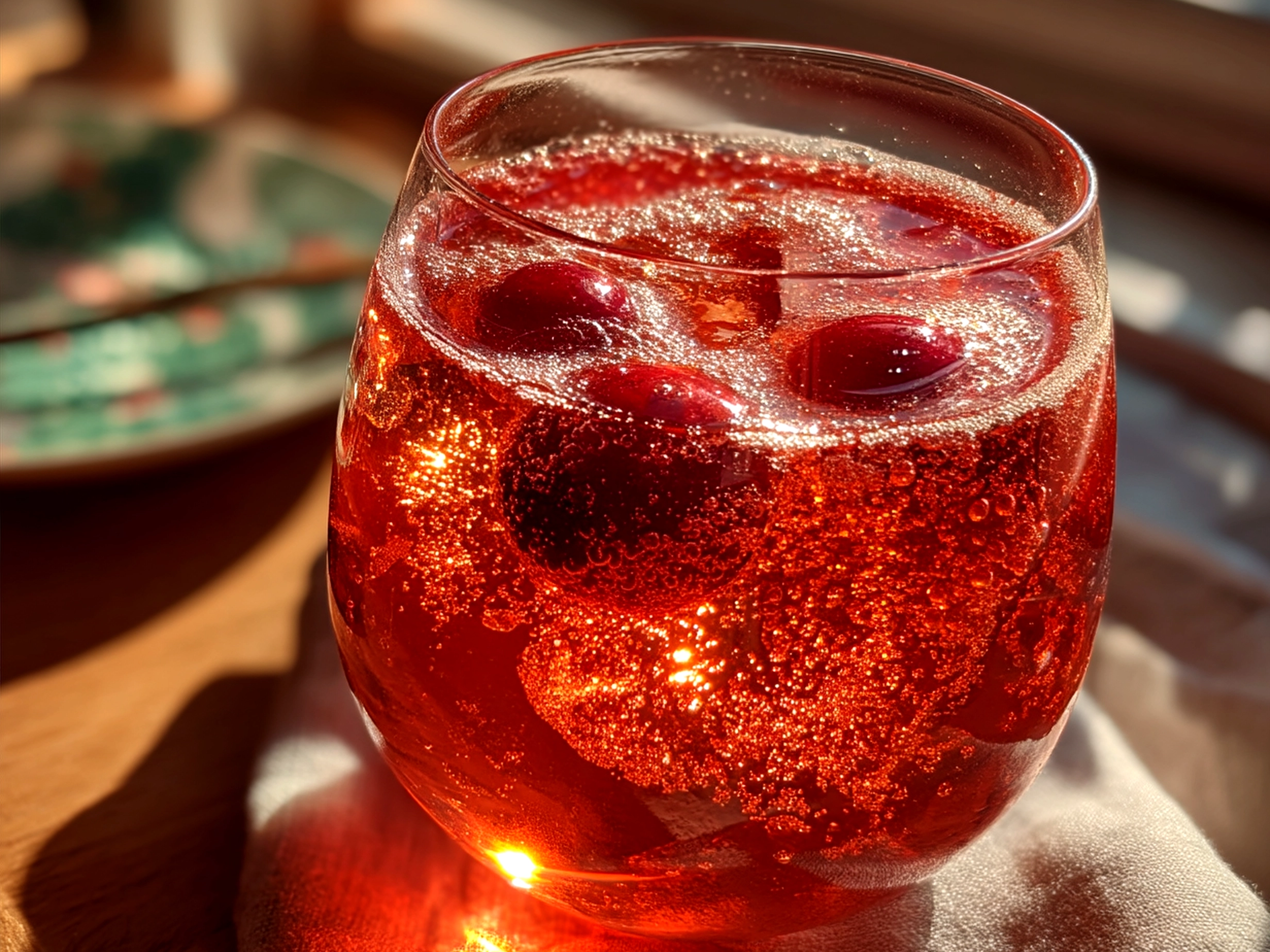 Finished Cranberry Aperol Spritz Cocktail garnished with cranberries and orange slice