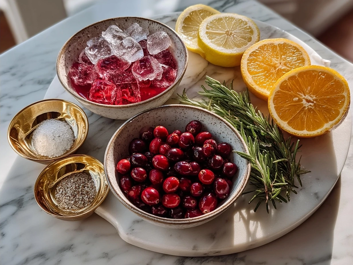 Ingredients for Cranberry Aperol Spritz Cocktail including Aperol, cranberry juice, prosecco, fresh cranberries, and orange slices