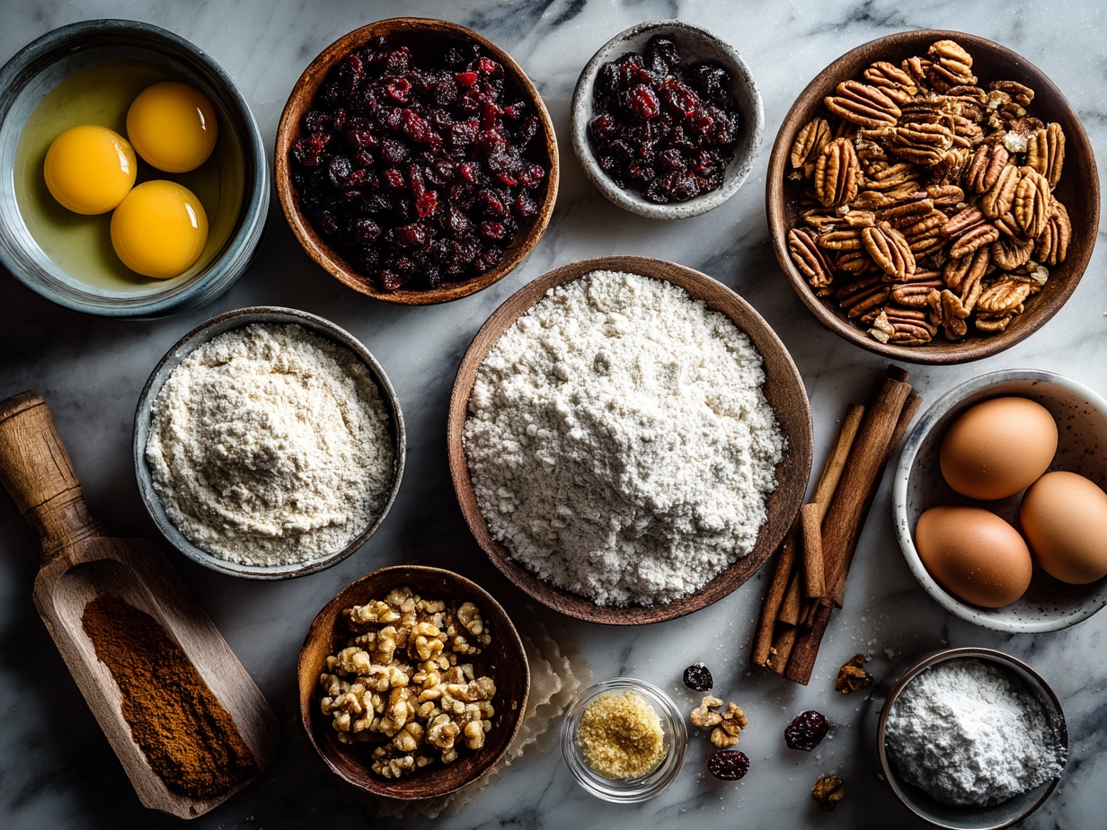 Ingredients for Cranberry Raisin Walnut Cinnamon Artisan Bread including dried cranberries, raisins, walnuts, flour, cinnamon, and honey