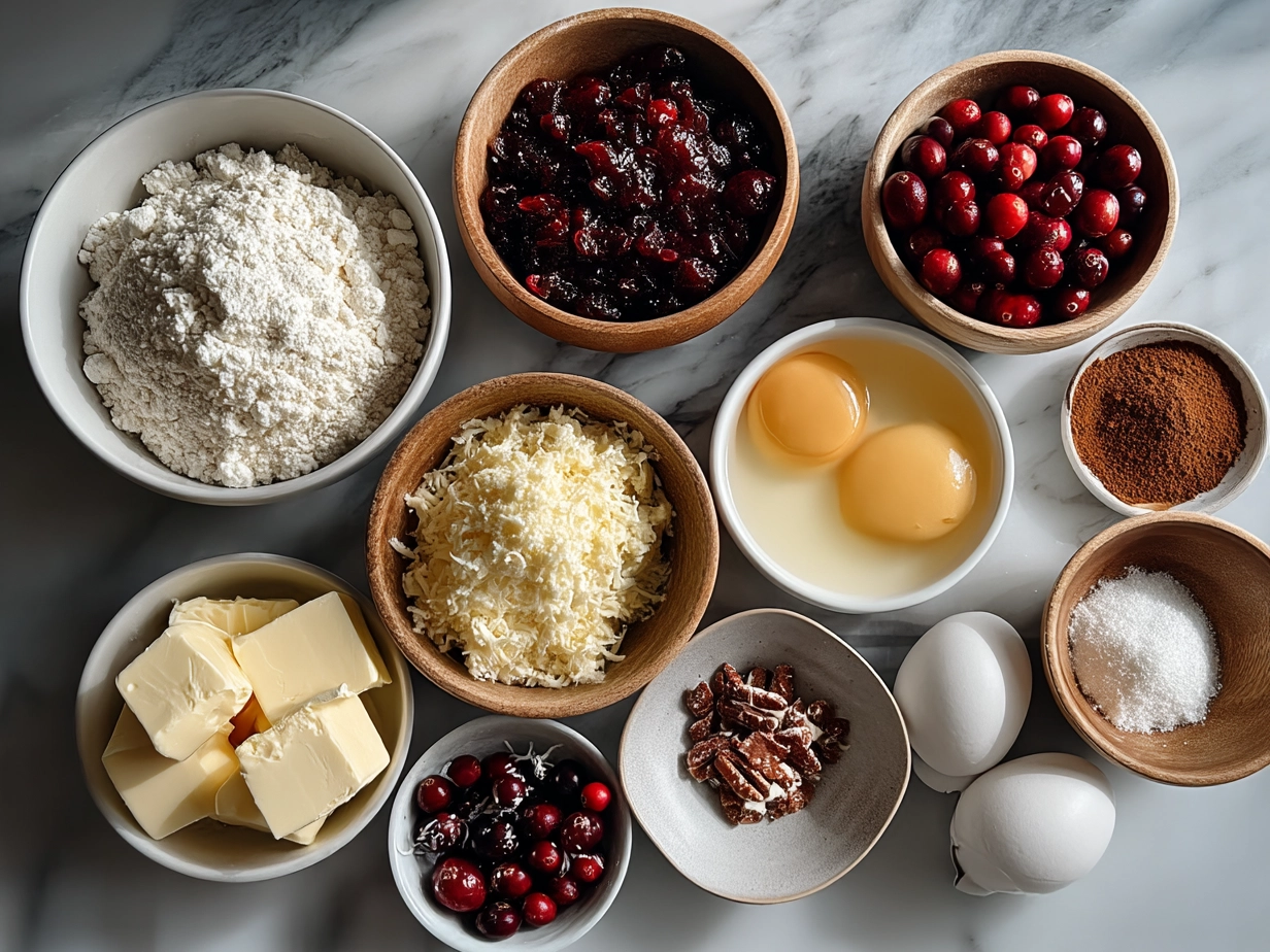 Ingredients for Cream Cheese Cranberry Muffins displayed on a kitchen counter