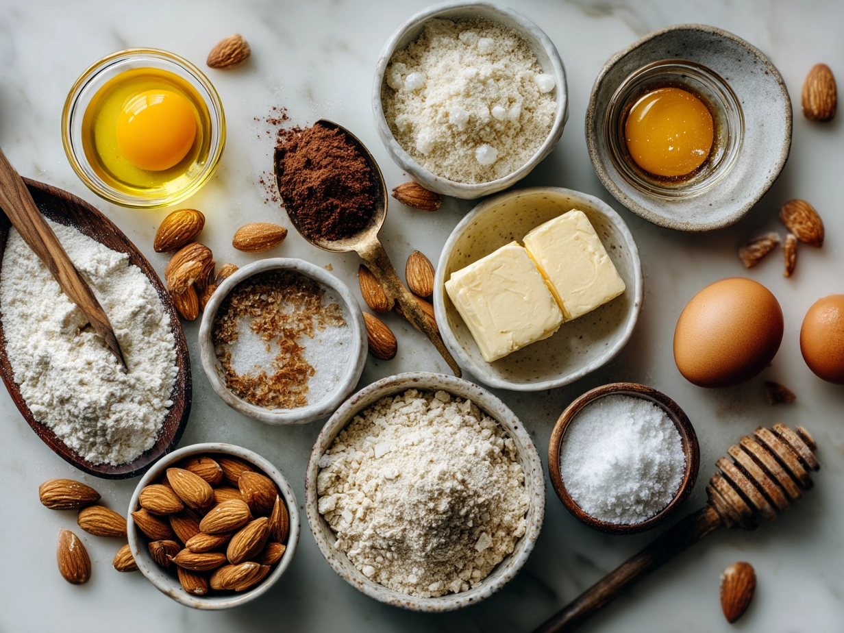 Ingredients for Crispy Almond Cookies laid out on a kitchen counter