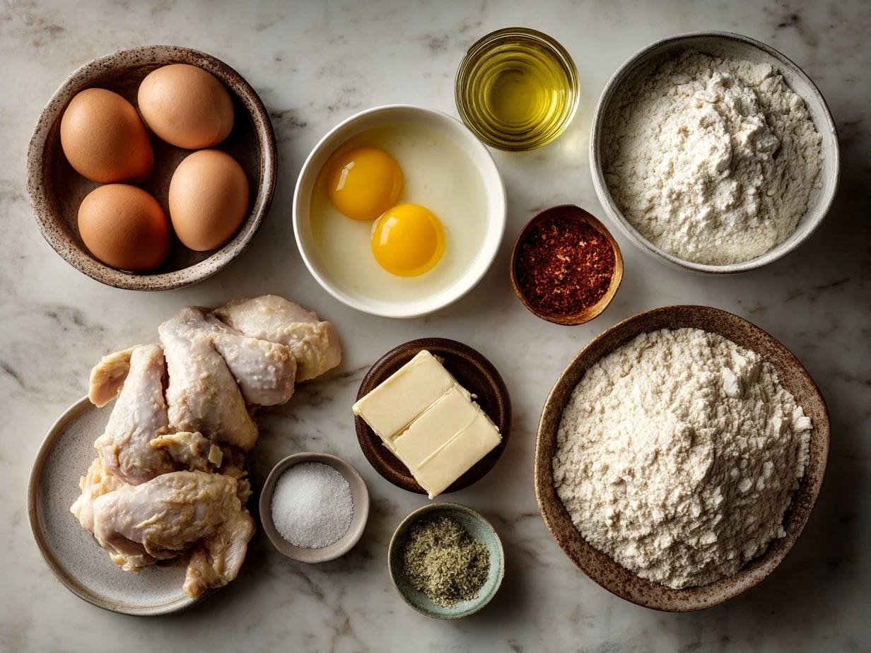 Ingredients for Crispy Chicken Waffle laid out on a kitchen counter