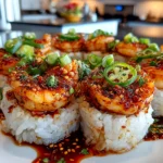Delicious Spicy Shrimp Sushi Stack on White Plate