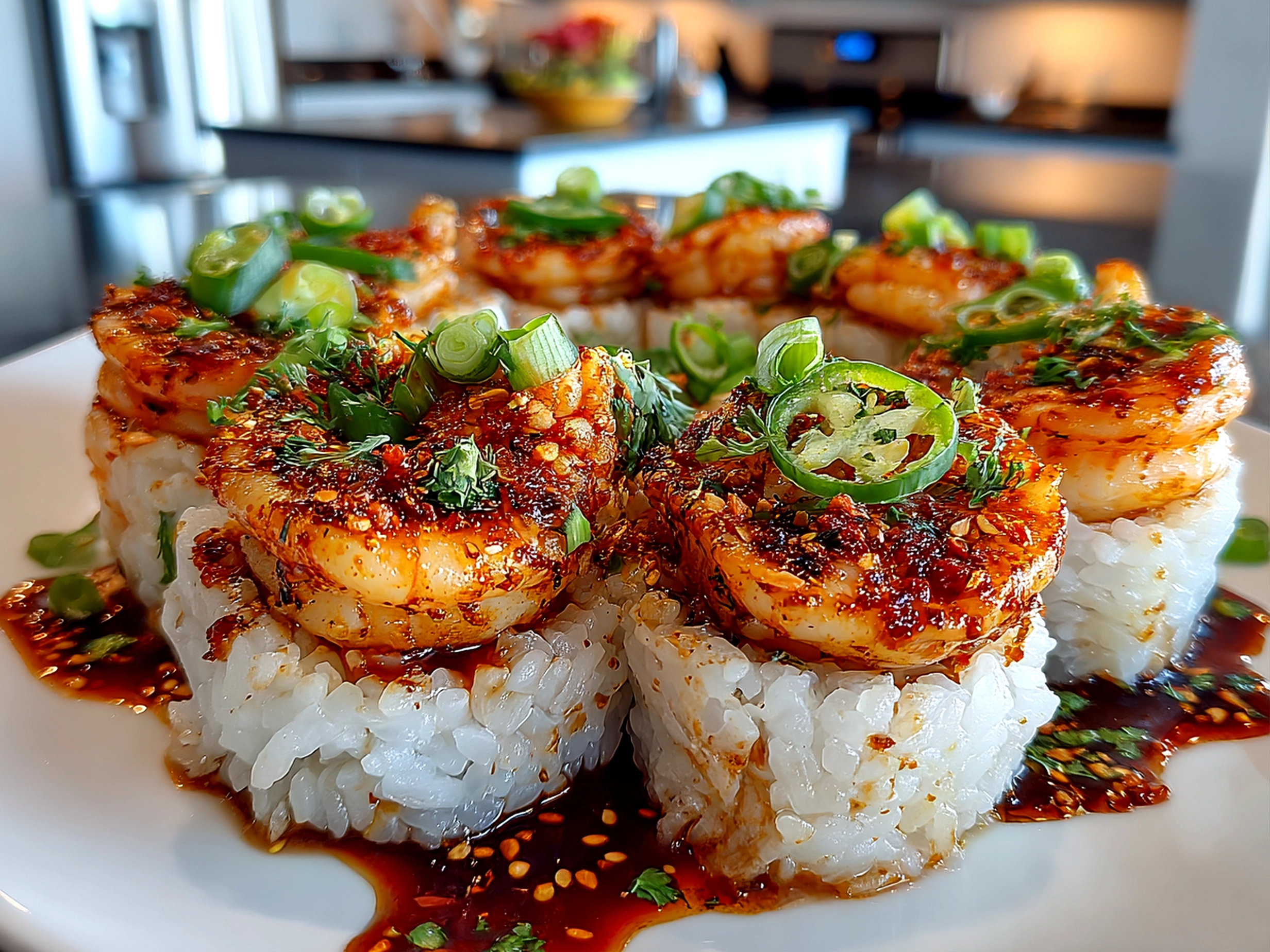 Delicious Spicy Shrimp Sushi Stack on White Plate
