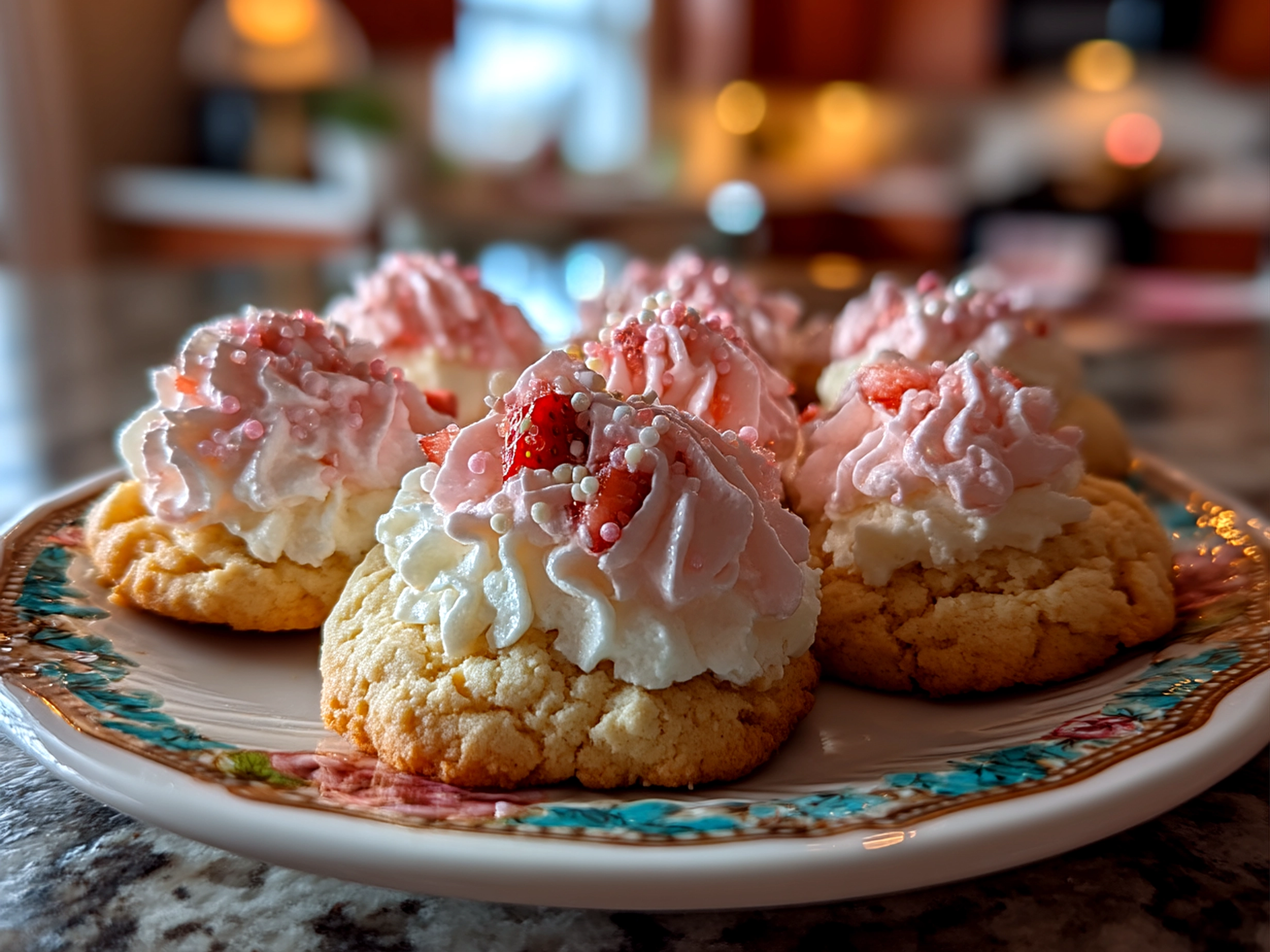 Close-up of freshly baked Strawberry Cool Whip Cookies on a plate