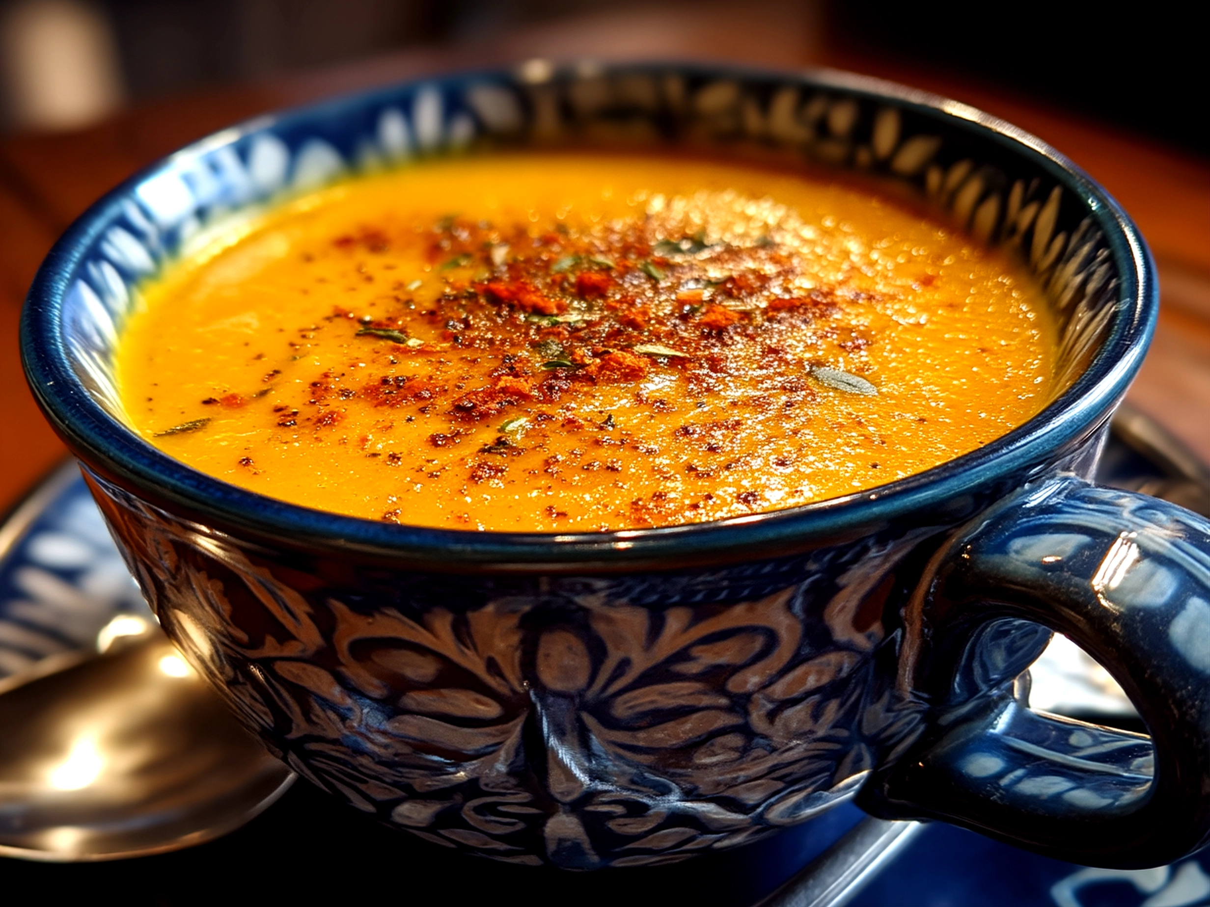 Bowl of finished Carrot and Lentil Soup ready to serve