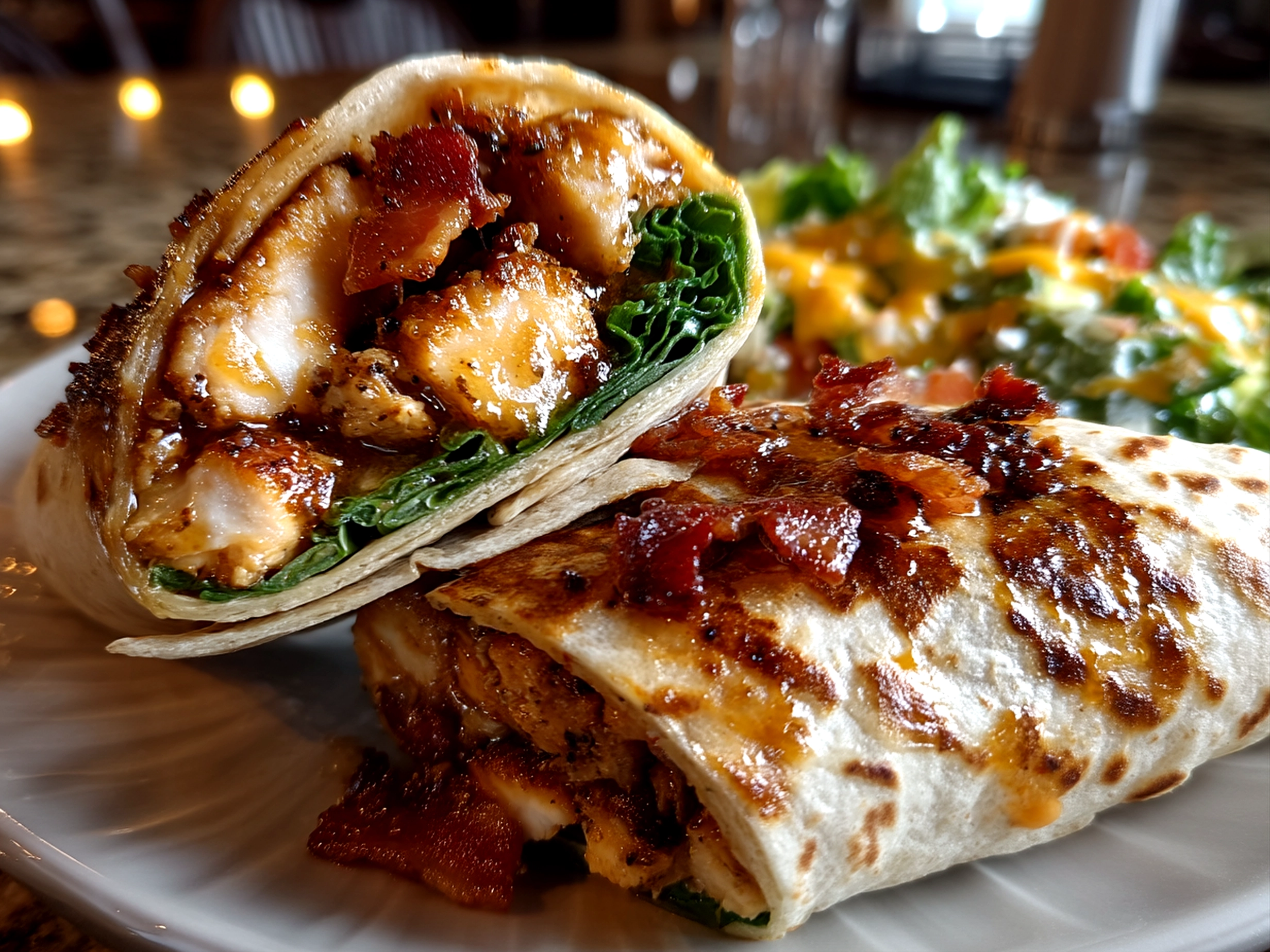 Finished Chicken Bacon Wrap close-up showing crisp bacon and melted cheddar cheese inside