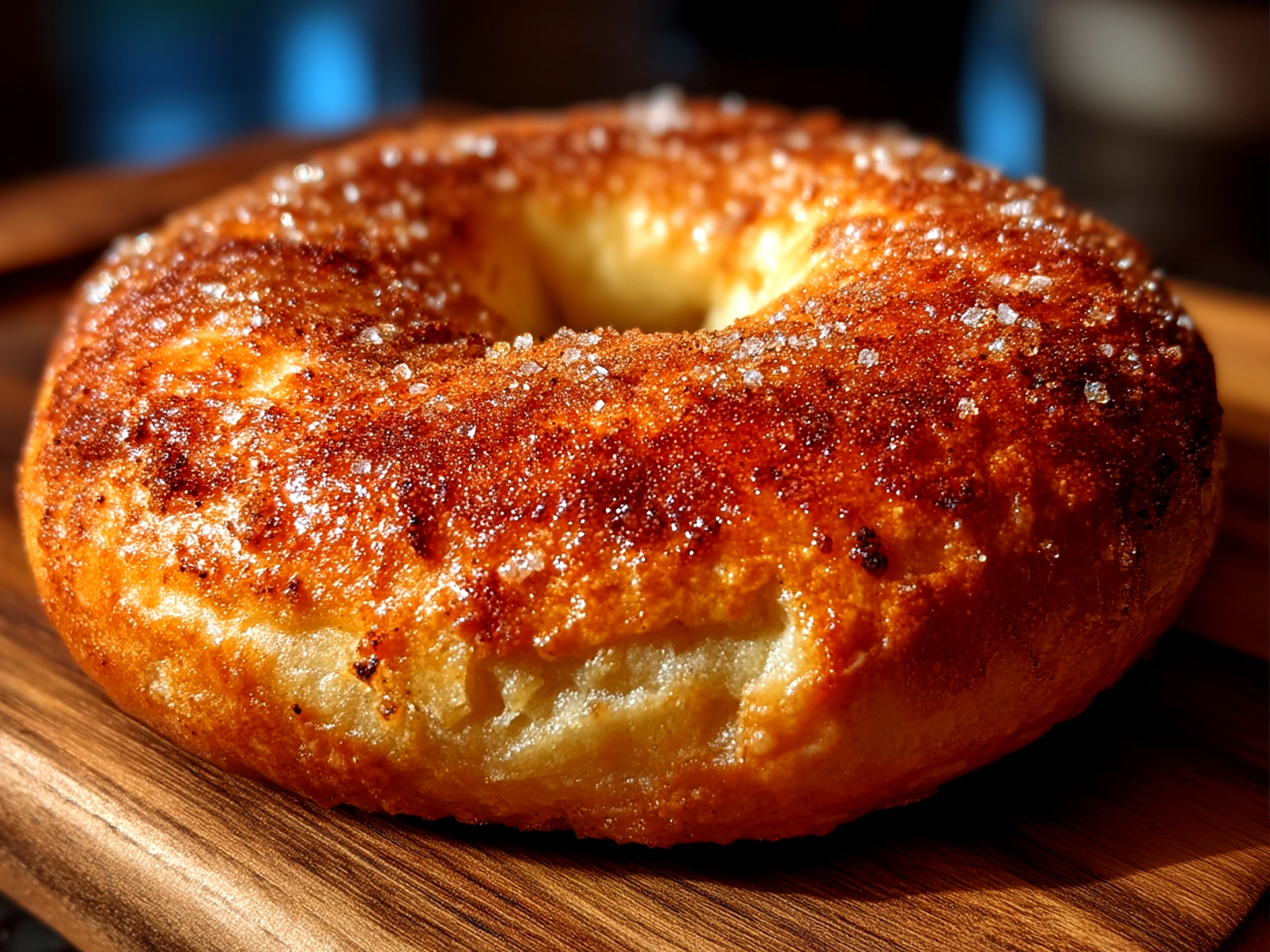 Close-up of a finished Cinnamon Sugar Bagel ready to serve with toppings