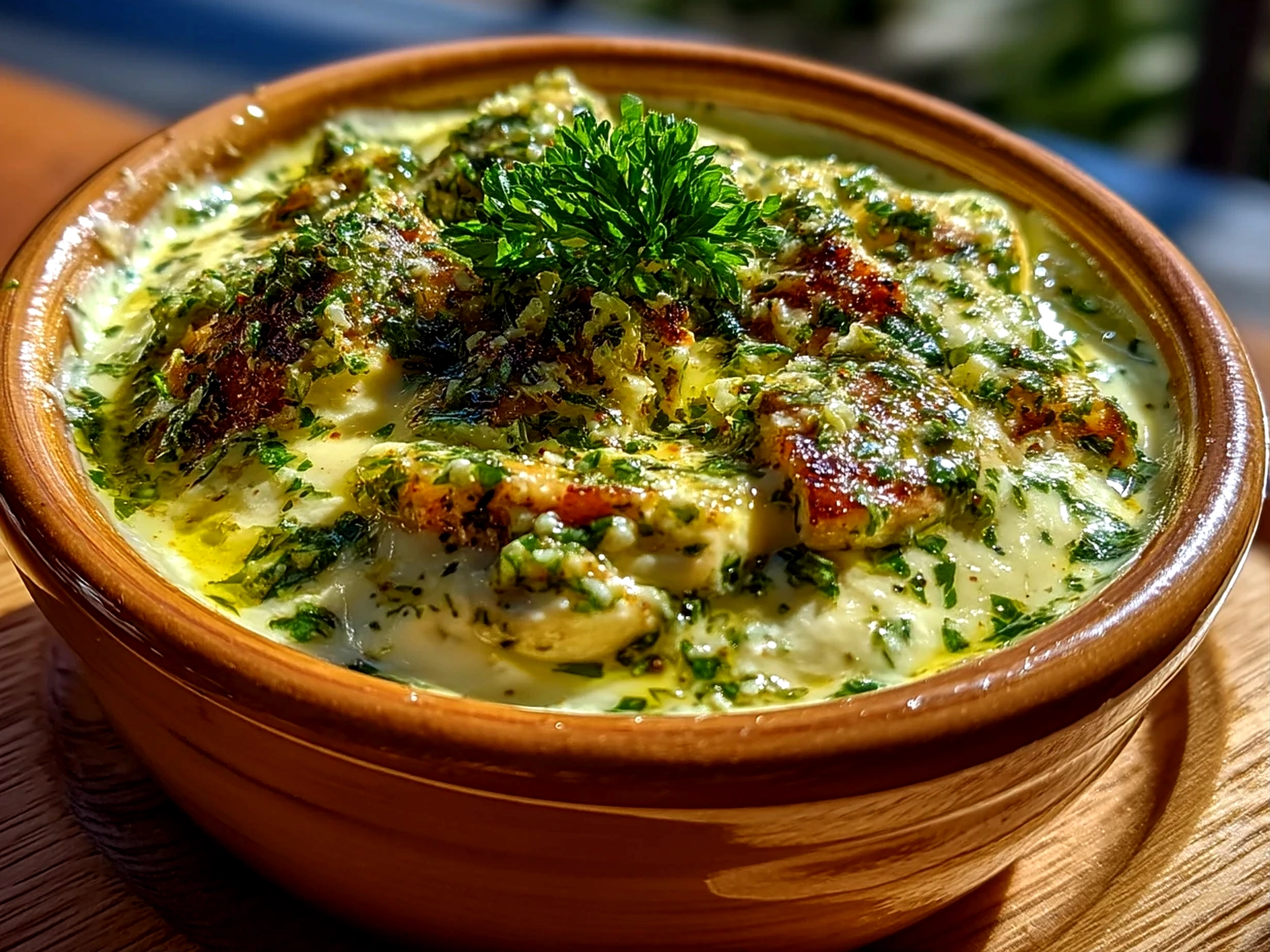 Finished creamy pesto aioli in a bowl with natural shadows